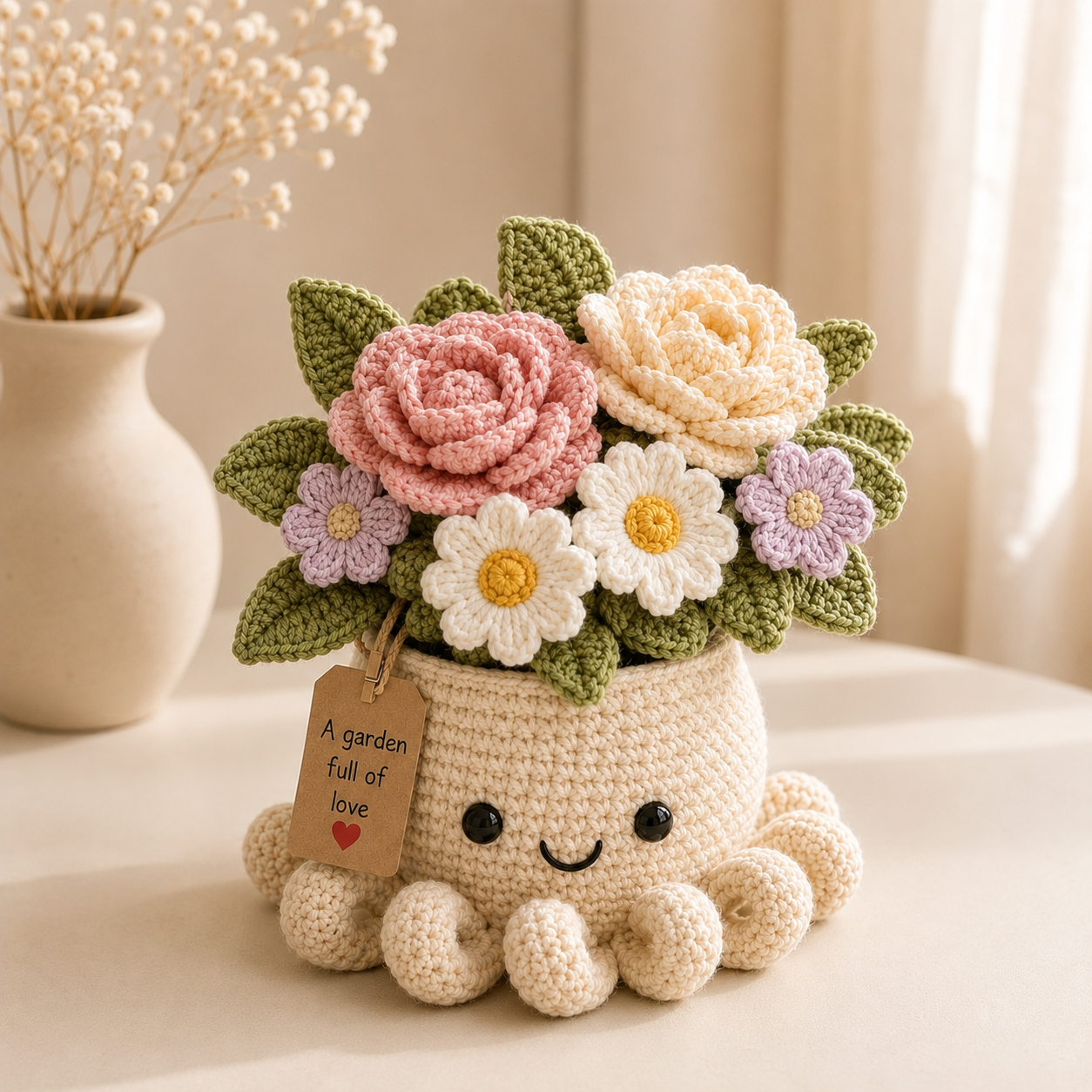 Crochet Rose & Daisy Bouquet in Octopus Pot – Handmade Floral Gift