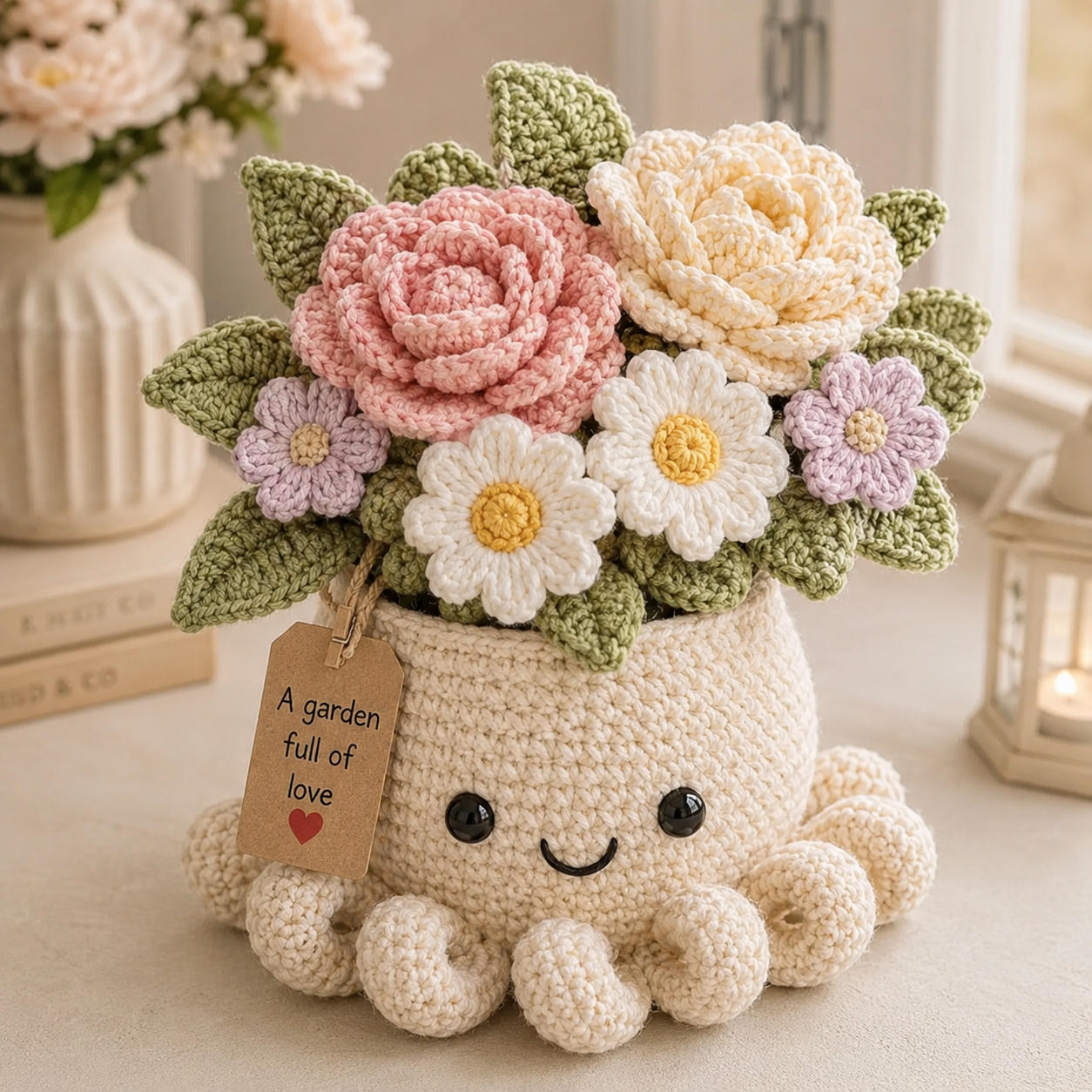 Crochet Rose & Daisy Bouquet in Octopus Pot – Handmade Floral Gift