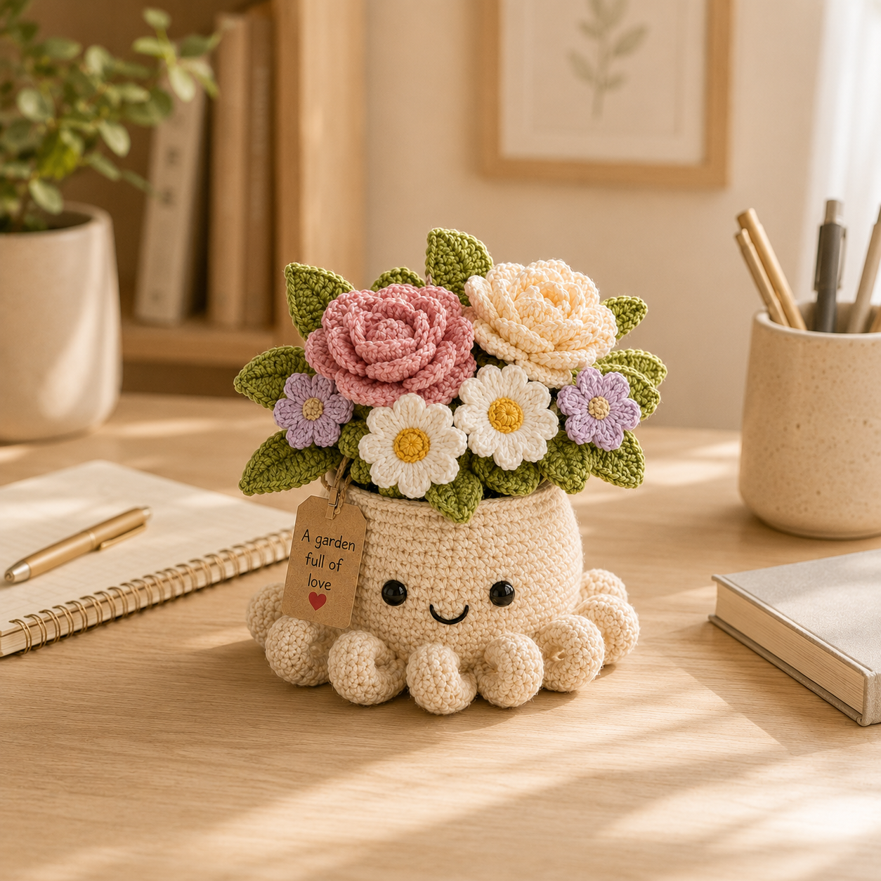 Crochet Rose & Daisy Bouquet in Octopus Pot – Handmade Floral Gift
