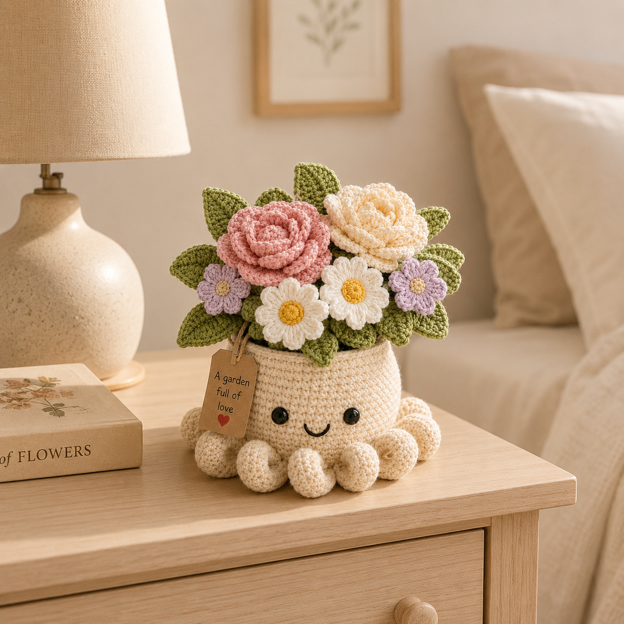 Crochet Rose & Daisy Bouquet in Octopus Pot – Handmade Floral Gift
