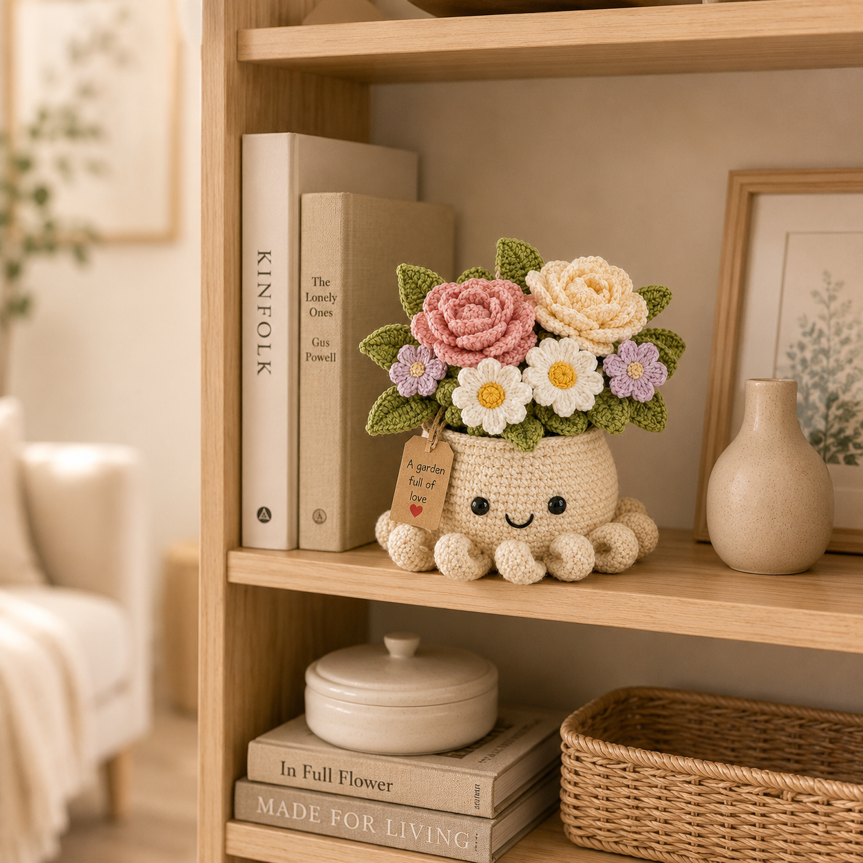Crochet Rose & Daisy Bouquet in Octopus Pot – Handmade Floral Gift