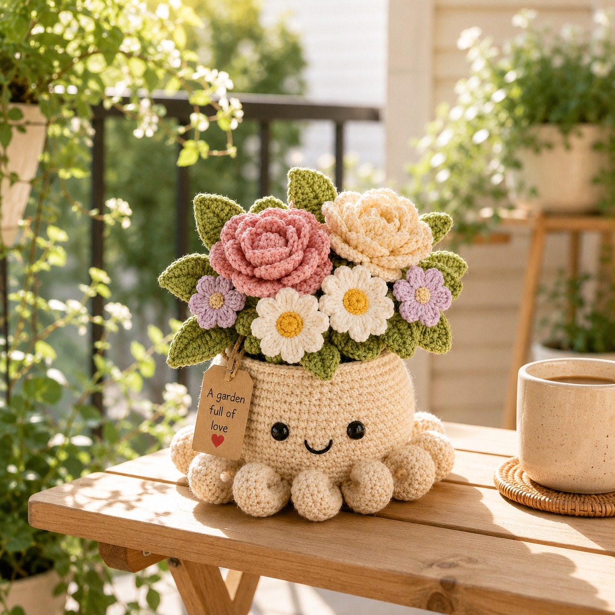 Crochet Rose & Daisy Bouquet in Octopus Pot – Handmade Floral Gift