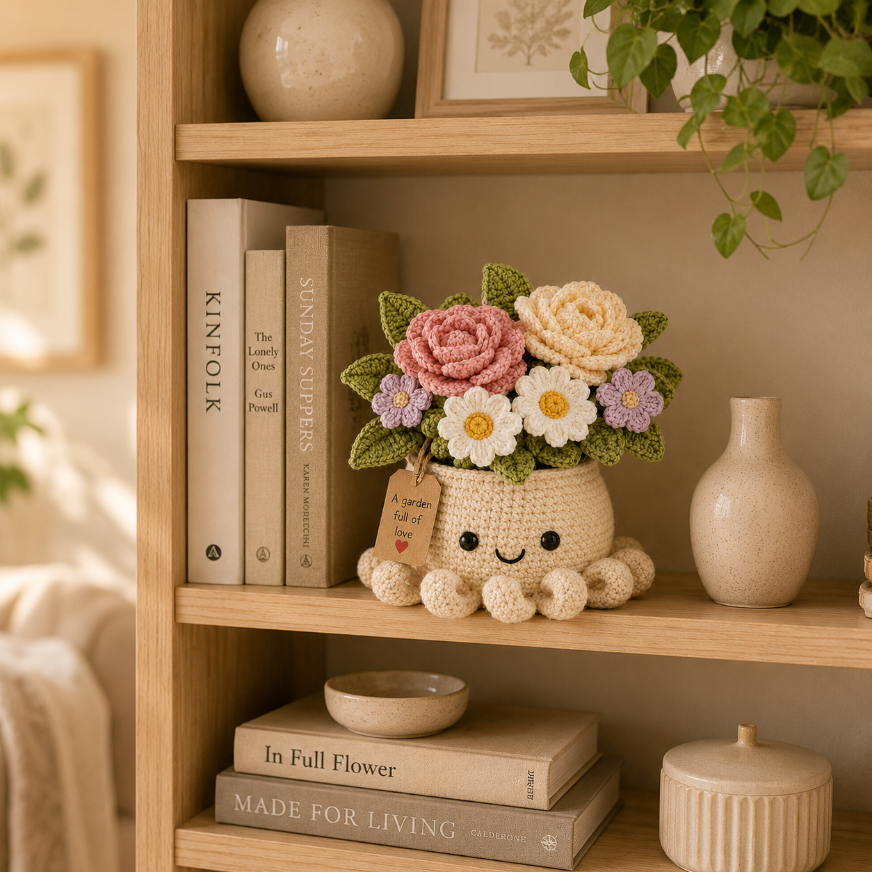 Crochet Rose & Daisy Bouquet in Octopus Pot – Handmade Floral Gift