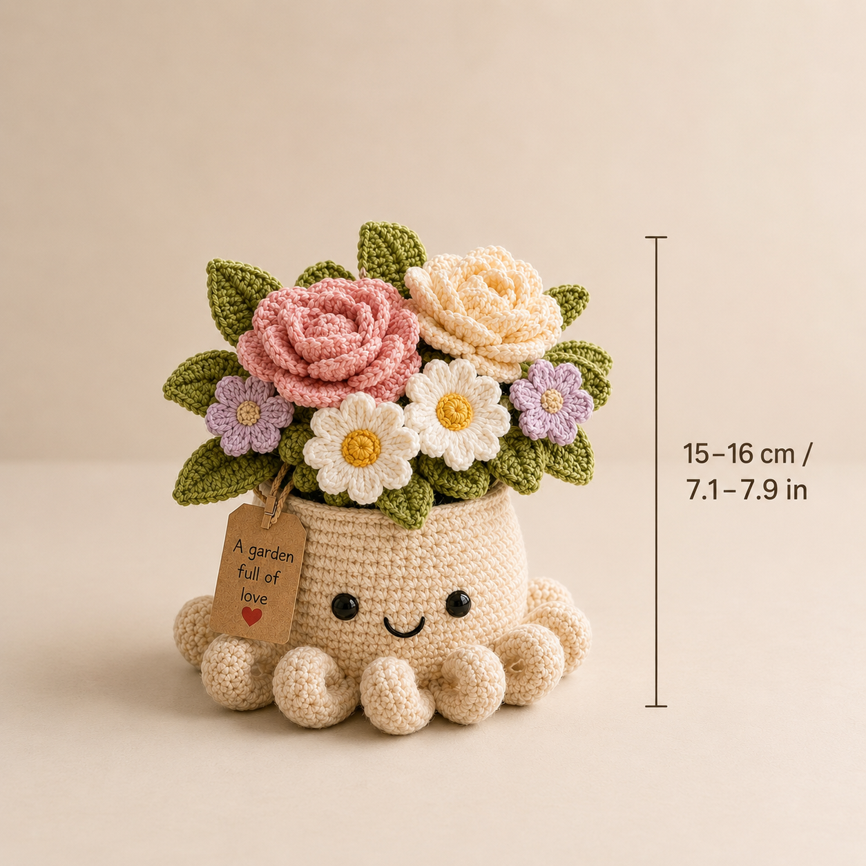 Crochet Rose & Daisy Bouquet in Octopus Pot – Handmade Floral Gift