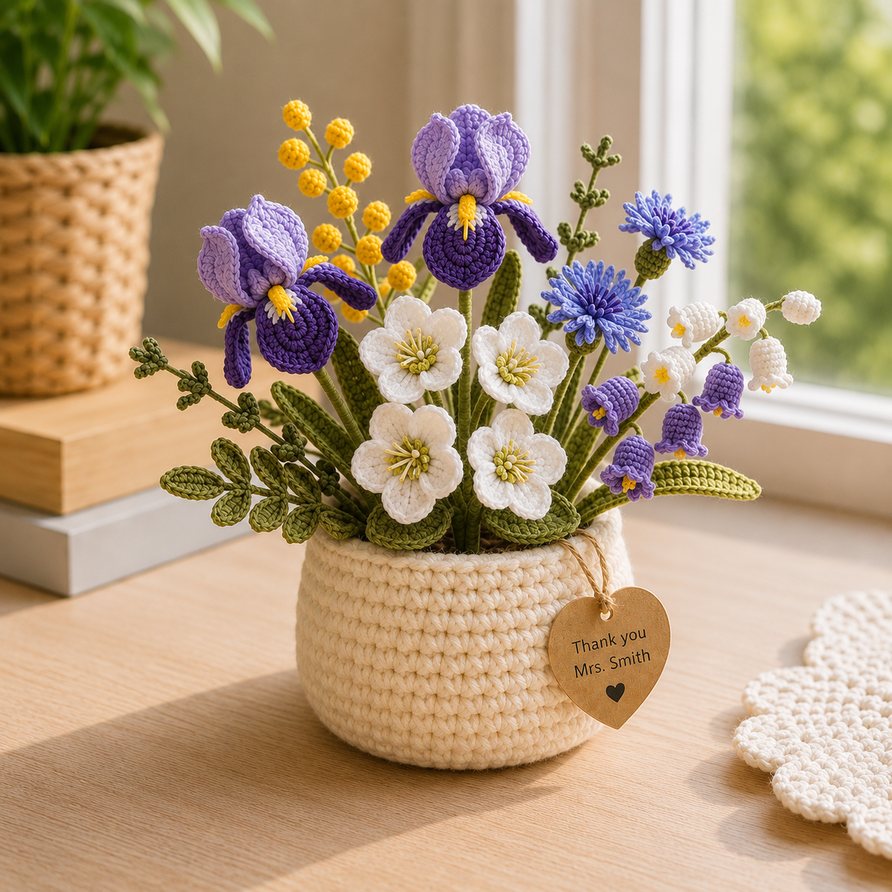 Handmade Crochet Iris, Lily & Lily of the Valley Flower Pot