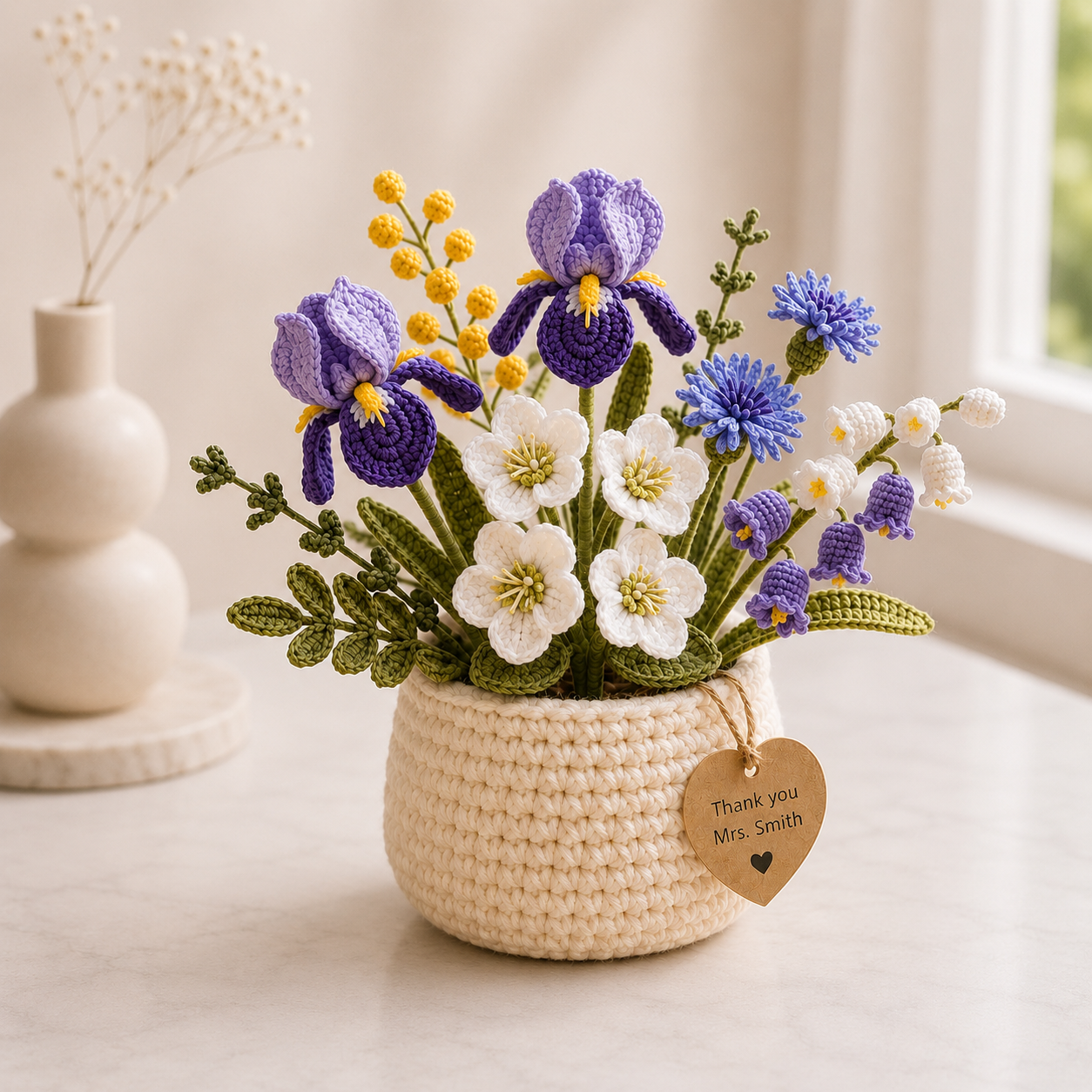 Handmade Crochet Iris, Lily & Lily of the Valley Flower Pot