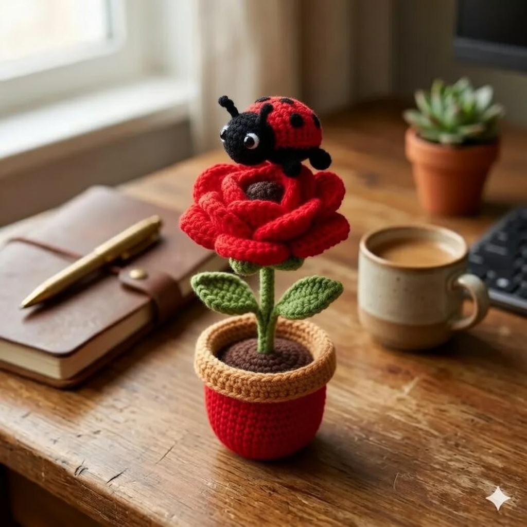 Handmade Crochet Rose Flower Pot with Ladybug – Cute Desk Decor