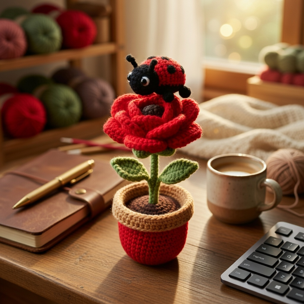 Handmade Crochet Rose Flower Pot with Ladybug – Cute Desk Decor