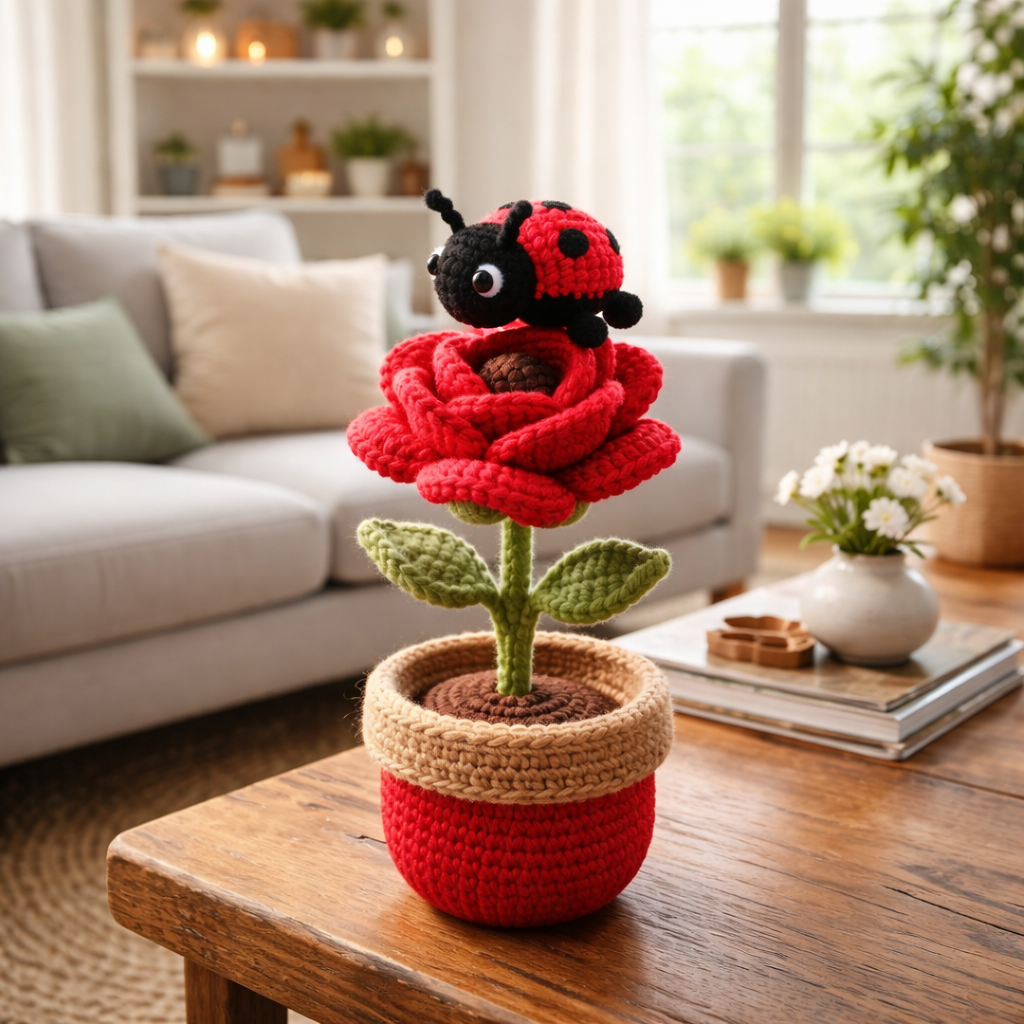 Handmade Crochet Rose Flower Pot with Ladybug – Cute Desk Decor