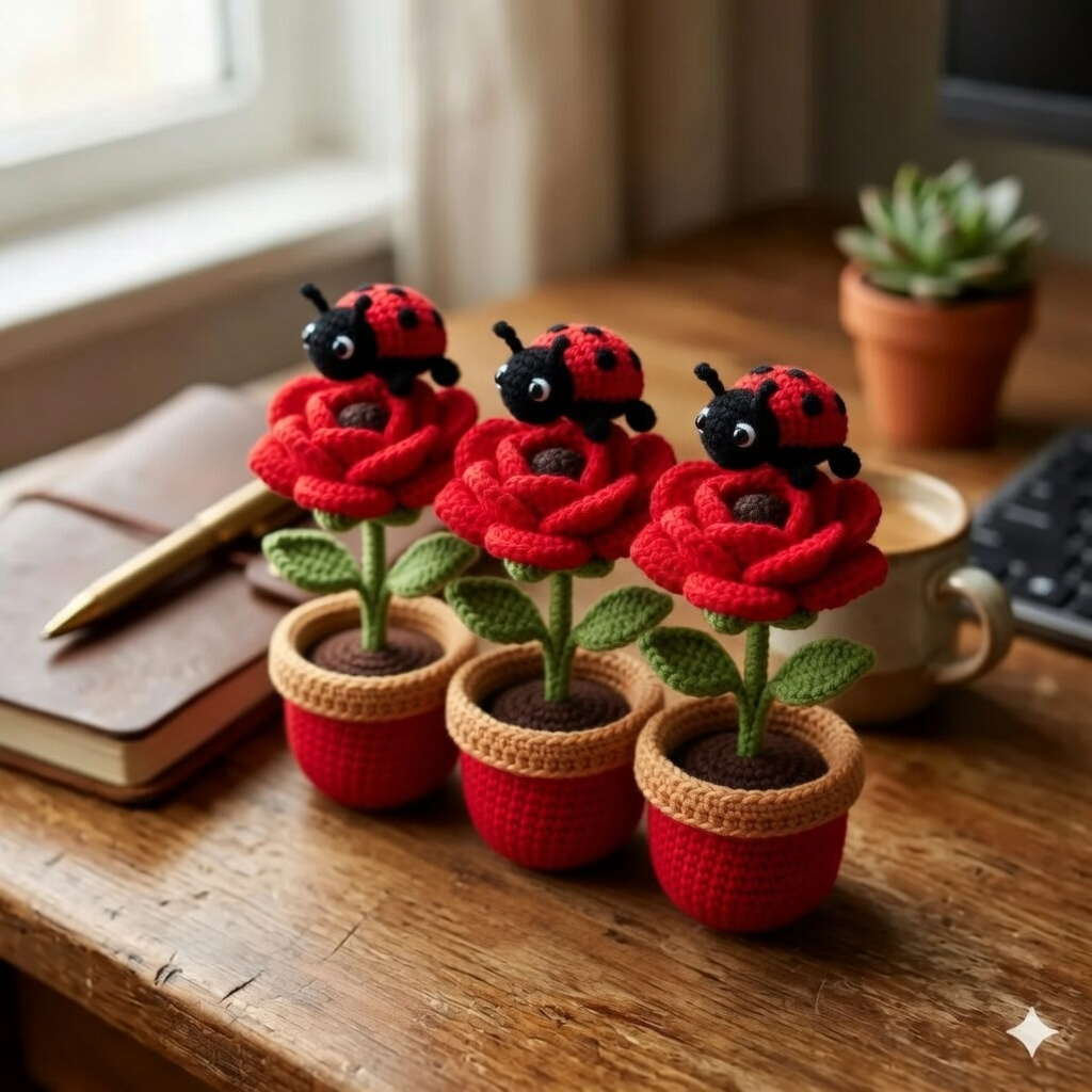 Handmade Crochet Rose Flower Pot with Ladybug – Cute Desk Decor