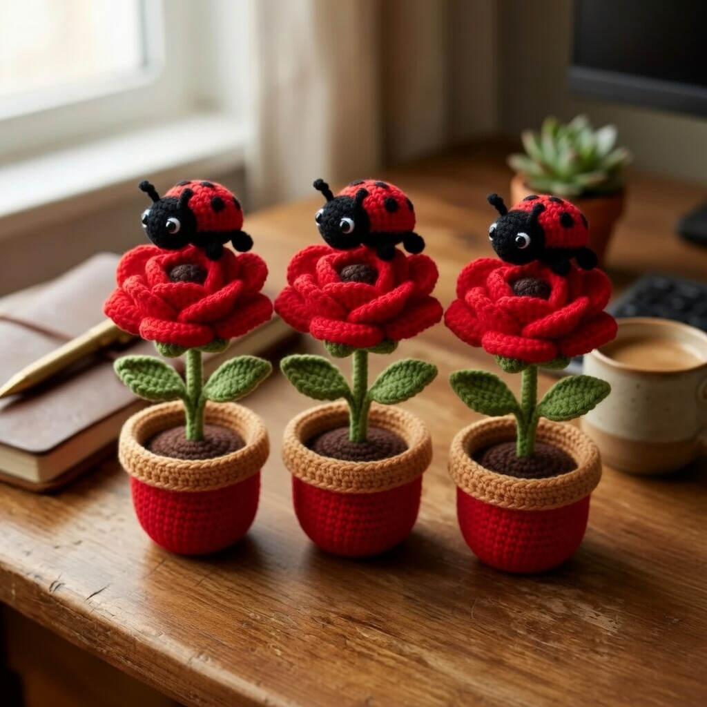 Handmade Crochet Rose Flower Pot with Ladybug – Cute Desk Decor