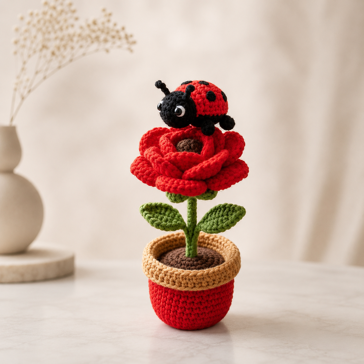 Handmade Crochet Rose Flower Pot with Ladybug – Cute Desk Decor