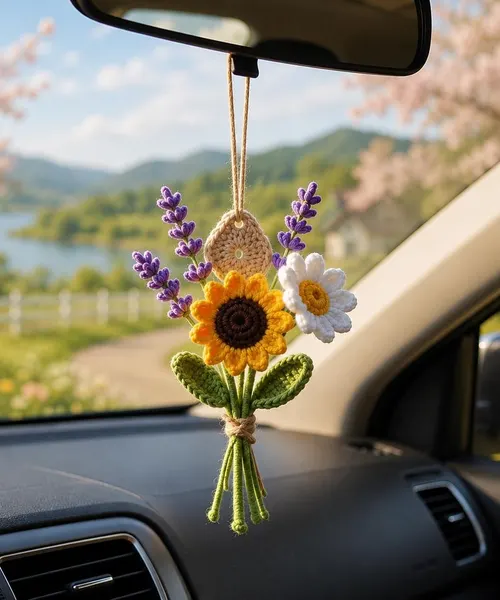 Handmade Crochet Sunflower & Lavender Car Charm – Floral Rear View Mirror Hanging