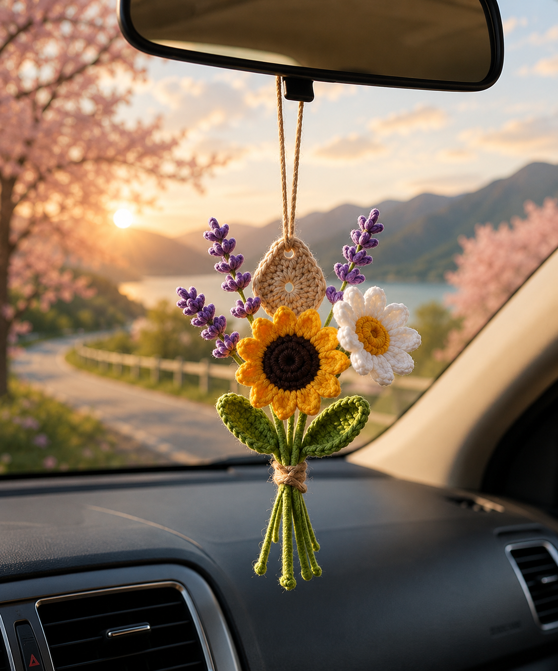 Handmade Crochet Sunflower & Lavender Car Charm – Floral Rear View Mirror Hanging