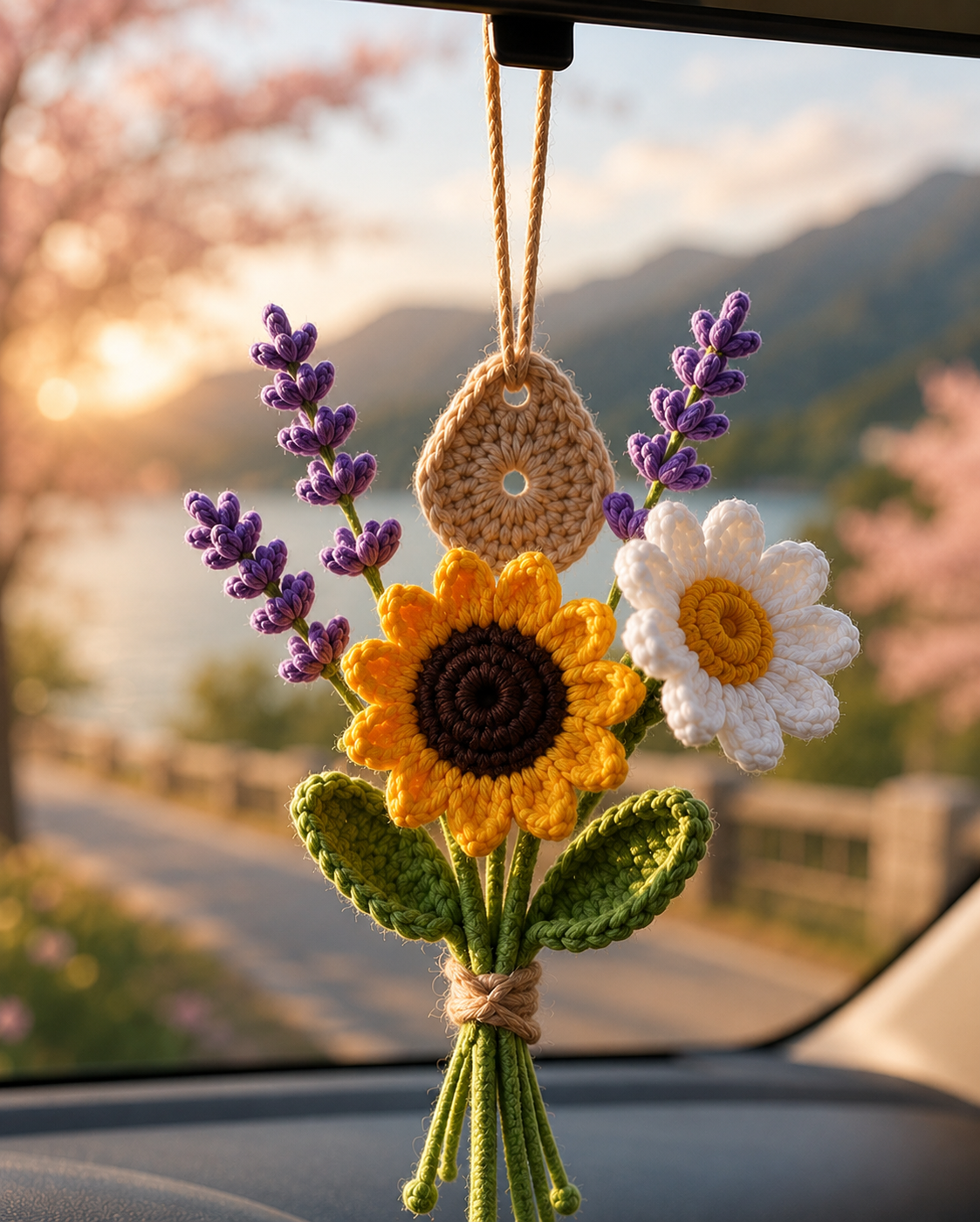 Handmade Crochet Sunflower & Lavender Car Charm – Floral Rear View Mirror Hanging