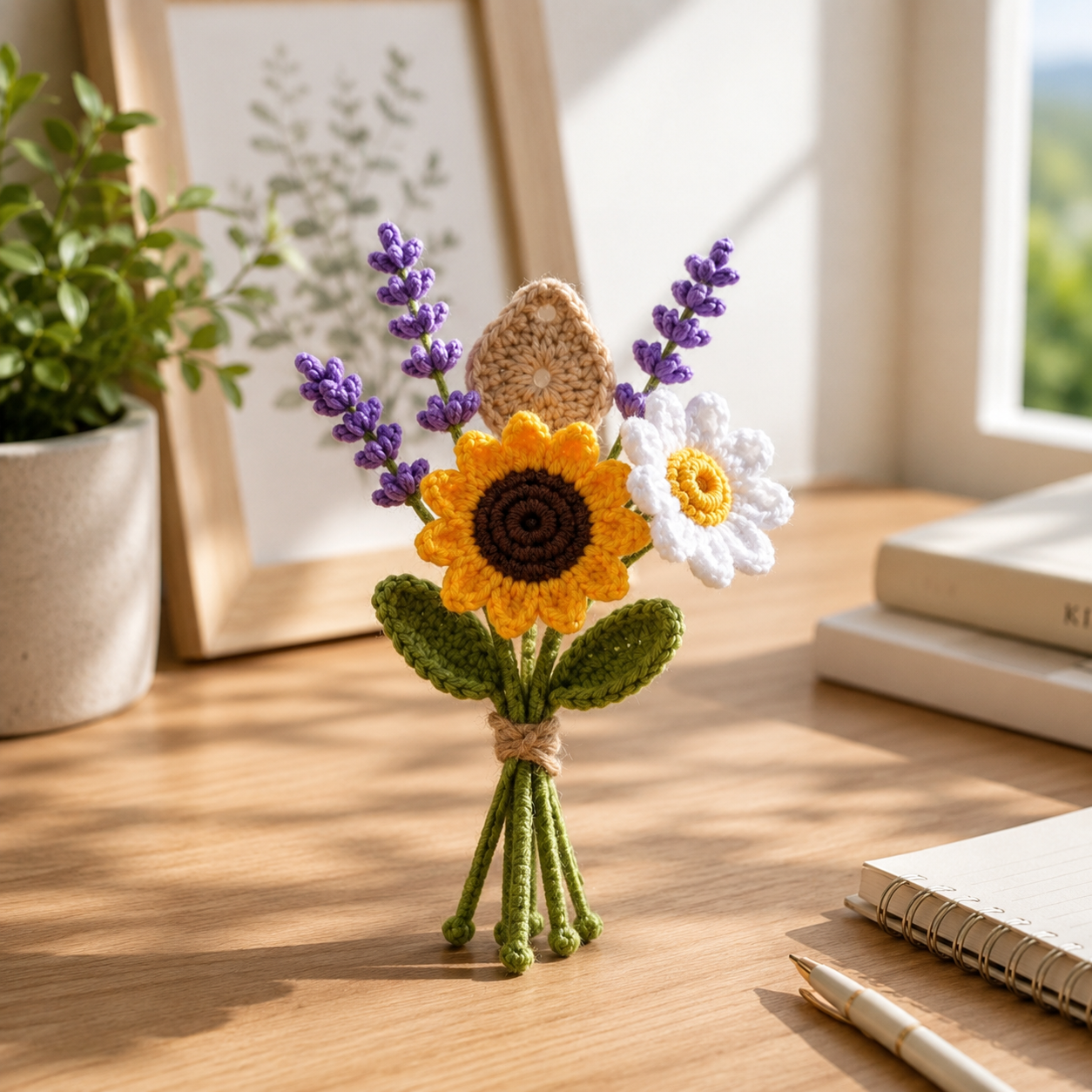 Handmade Crochet Sunflower & Lavender Car Charm – Floral Rear View Mirror Hanging