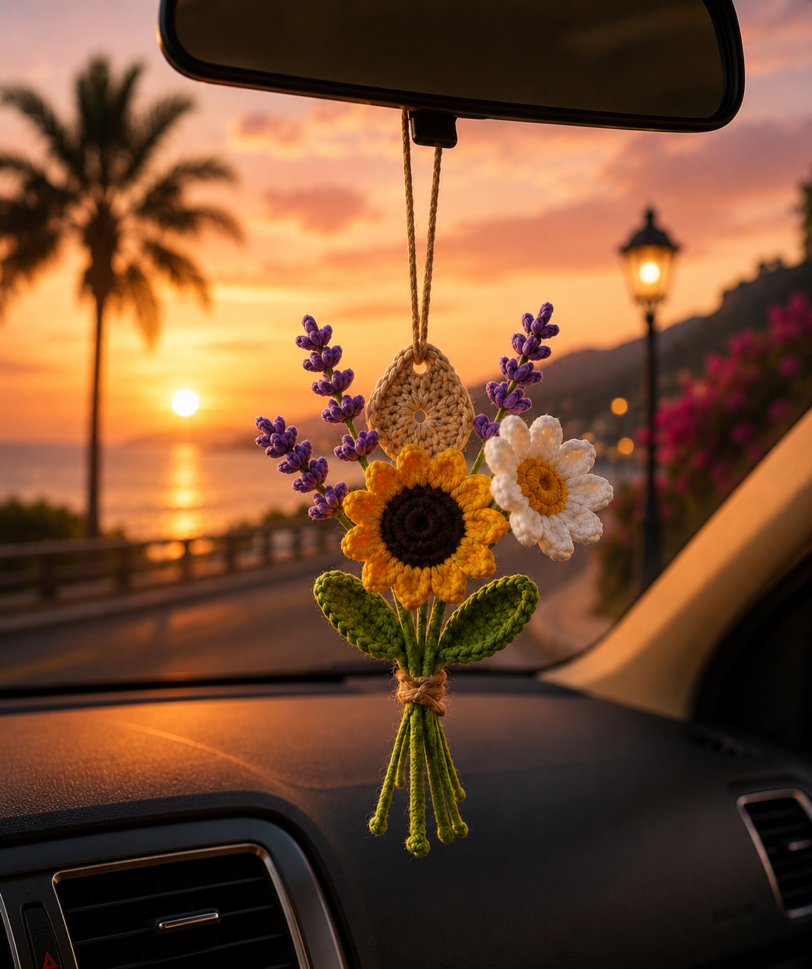 Handmade Crochet Sunflower & Lavender Car Charm – Floral Rear View Mirror Hanging