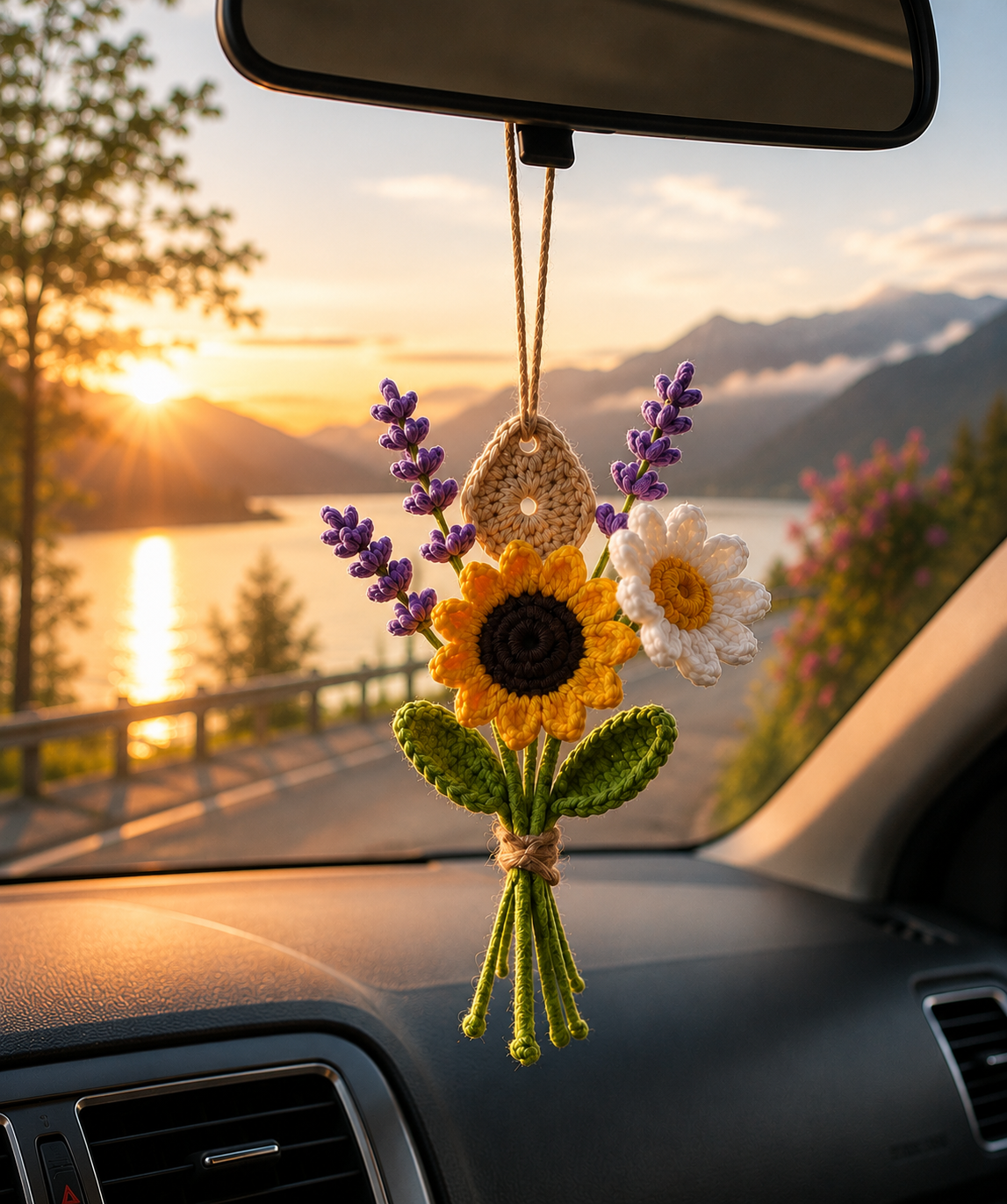 Handmade Crochet Sunflower & Lavender Car Charm – Floral Rear View Mirror Hanging