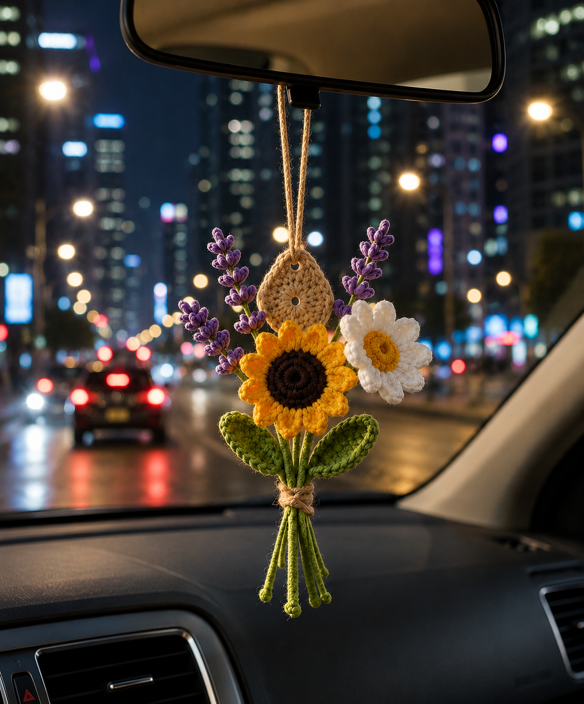 Handmade Crochet Sunflower & Lavender Car Charm – Floral Rear View Mirror Hanging