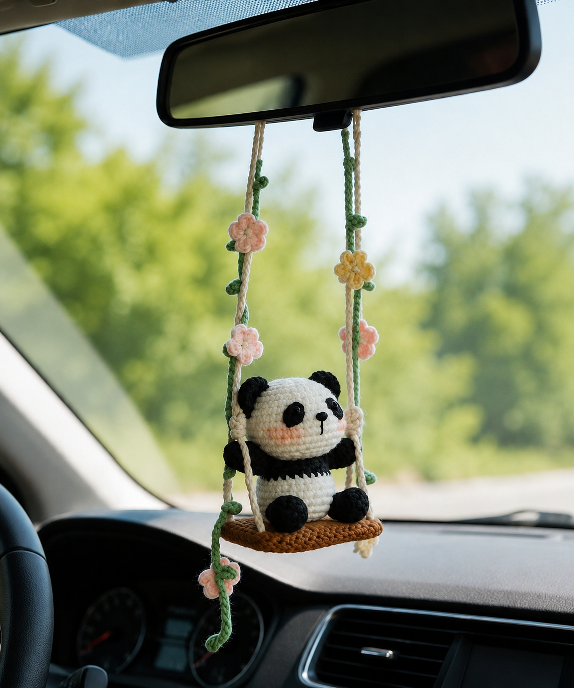 Crochet Panda Car Charm – Cute Rear View Mirror Hanging Decor
