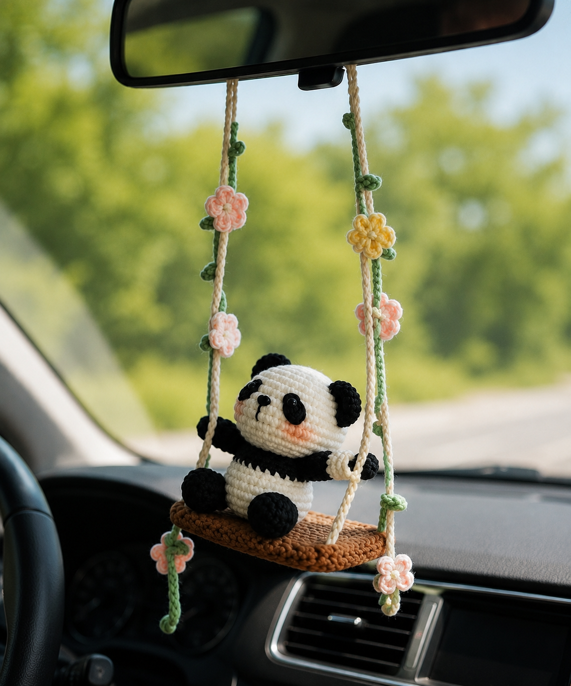 Crochet Panda Car Charm – Cute Rear View Mirror Hanging Decor