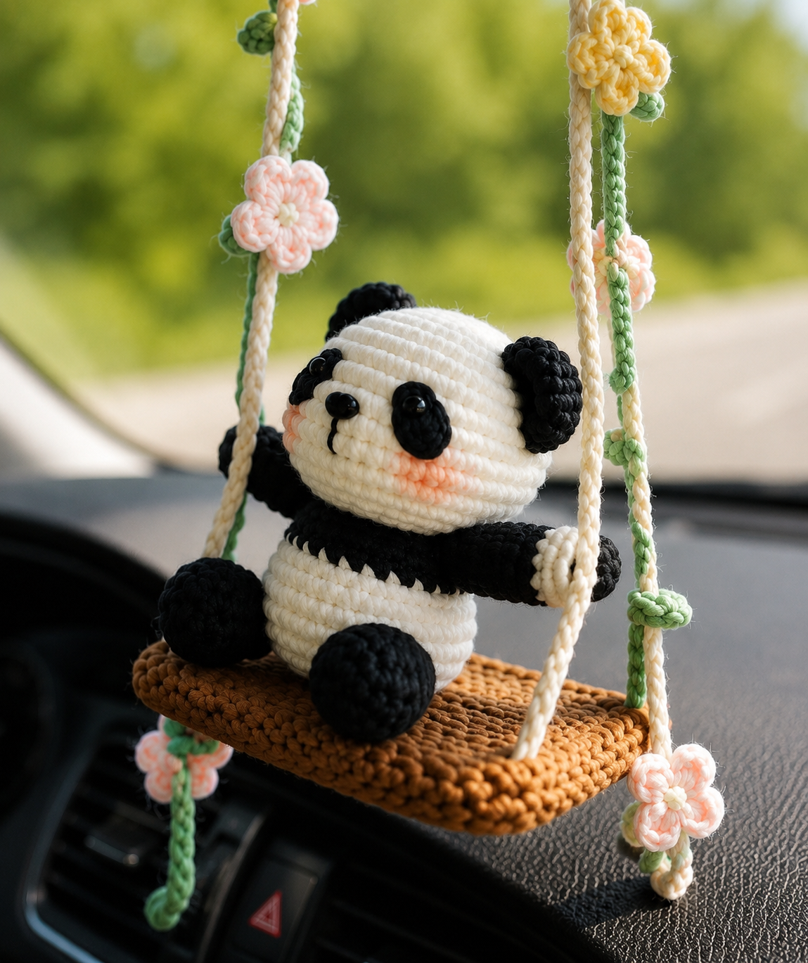 Crochet Panda Car Charm – Cute Rear View Mirror Hanging Decor