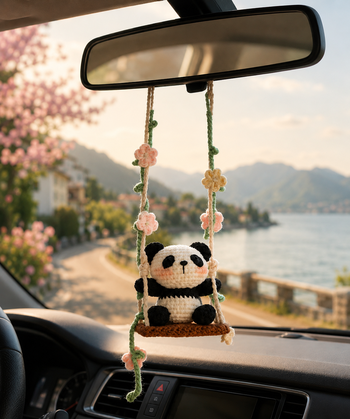 Crochet Panda Car Charm – Cute Rear View Mirror Hanging Decor