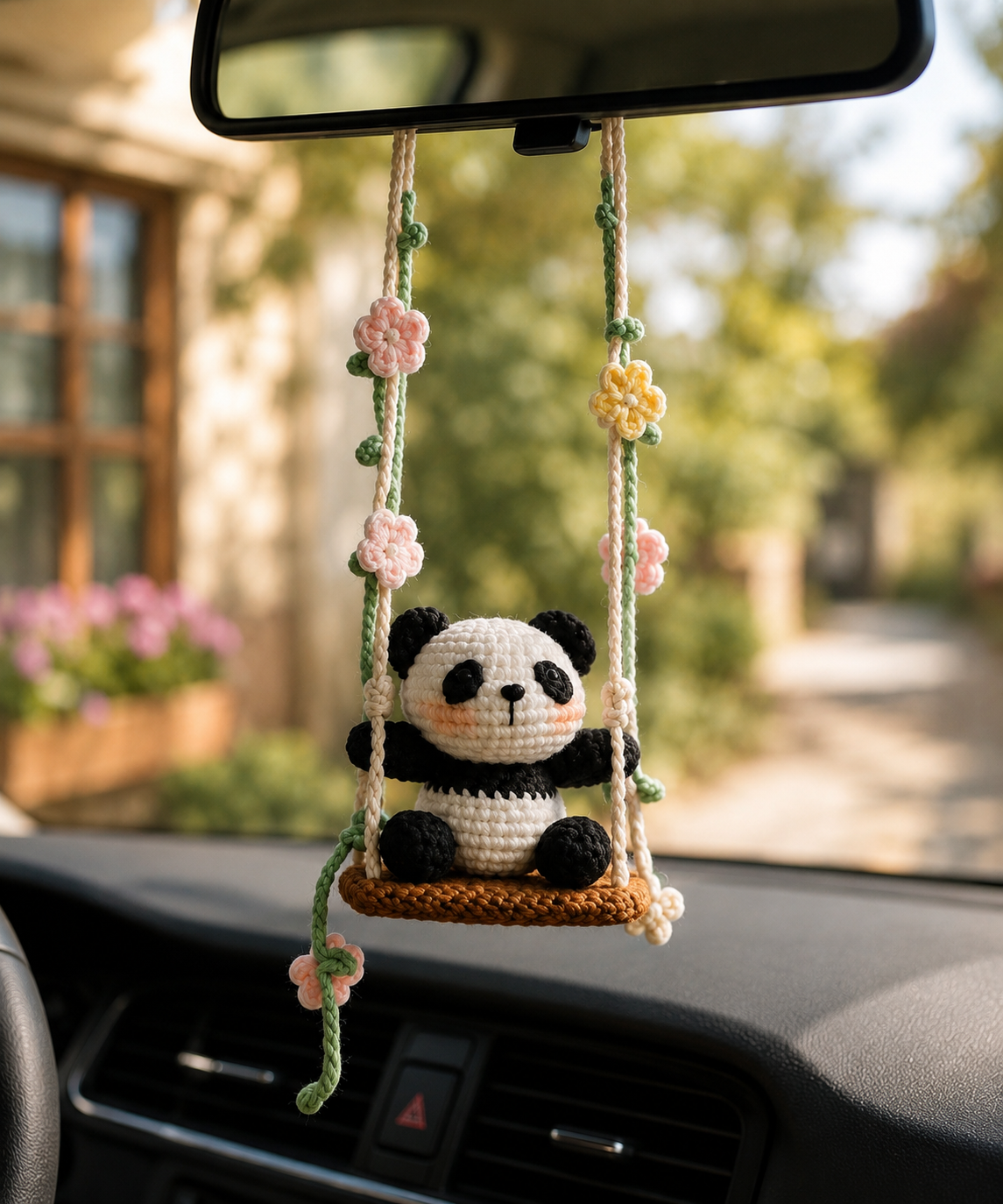 Crochet Panda Car Charm – Cute Rear View Mirror Hanging Decor