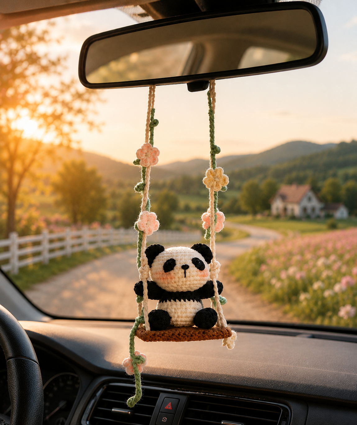 Crochet Panda Car Charm – Cute Rear View Mirror Hanging Decor