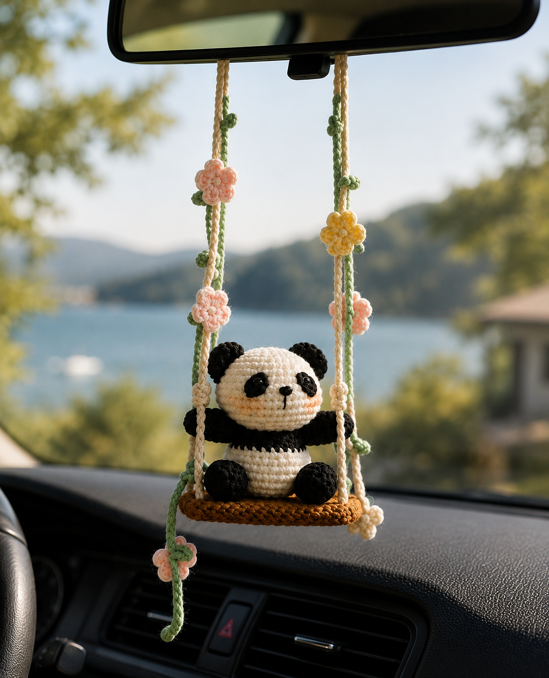 Crochet Panda Car Charm – Cute Rear View Mirror Hanging Decor