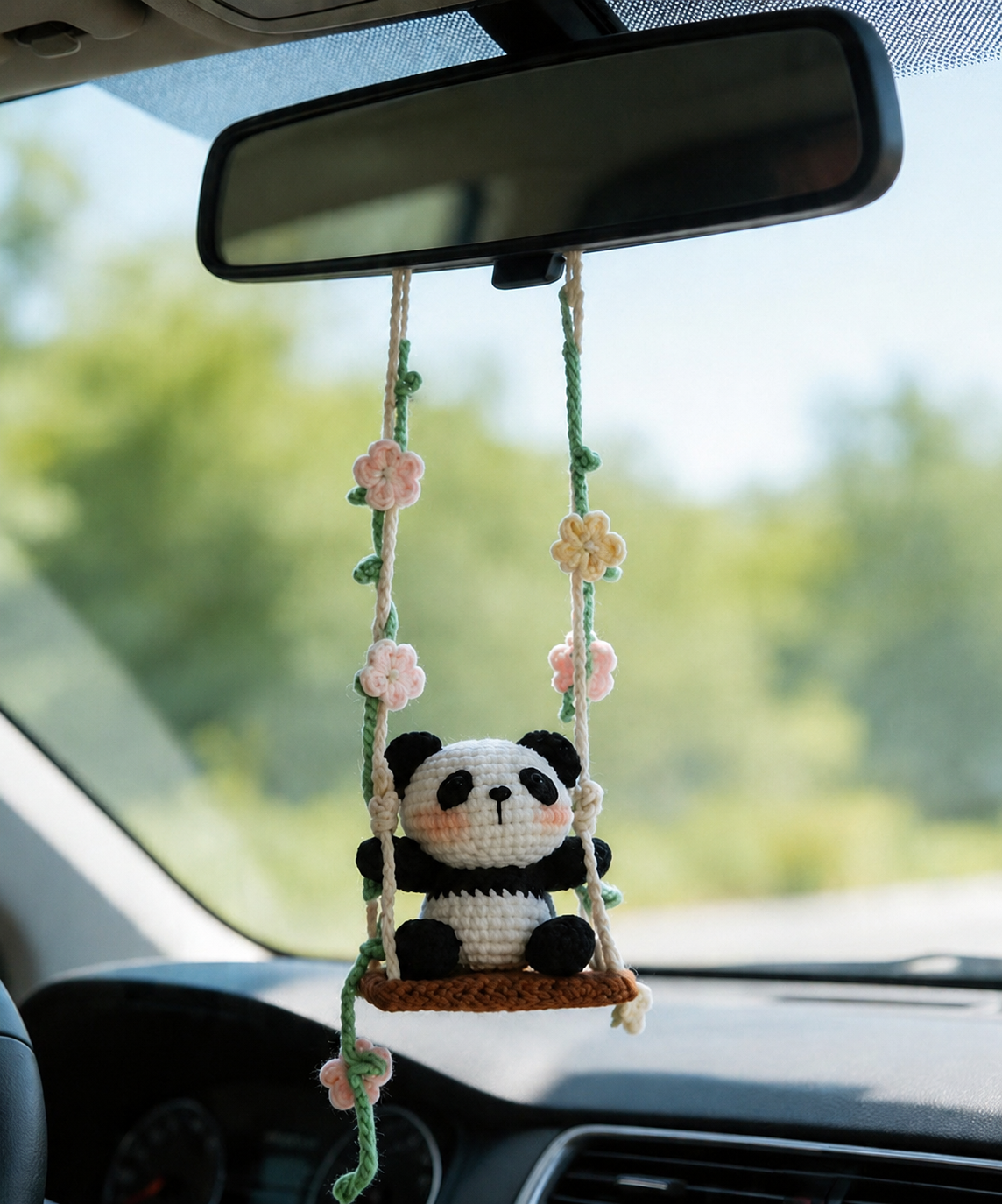 Crochet Panda Car Charm – Cute Rear View Mirror Hanging Decor
