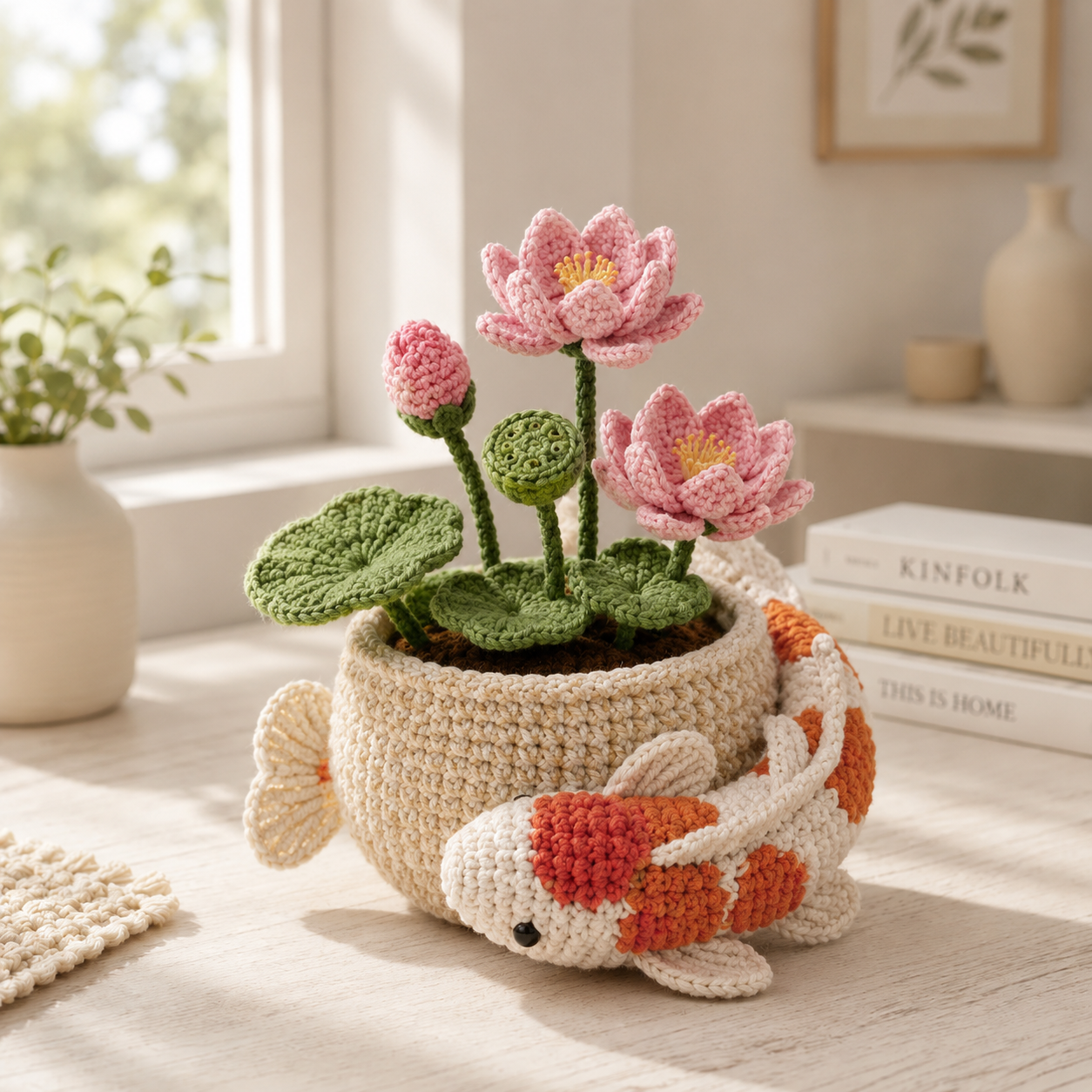 Handmade Crochet Koi Fish & Lotus Flower Pot – Feng Shui Desk Decor