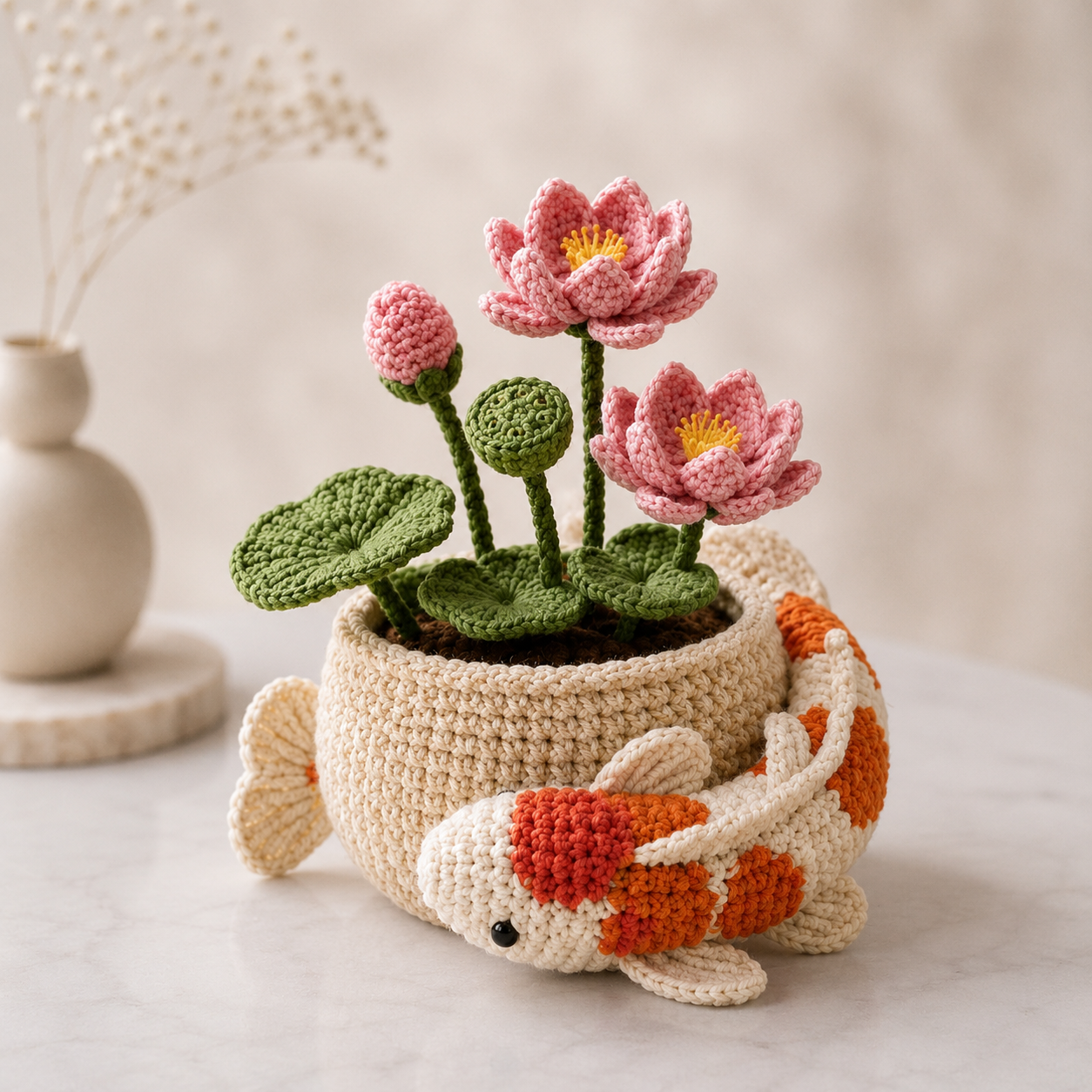 Handmade Crochet Koi Fish & Lotus Flower Pot – Feng Shui Desk Decor