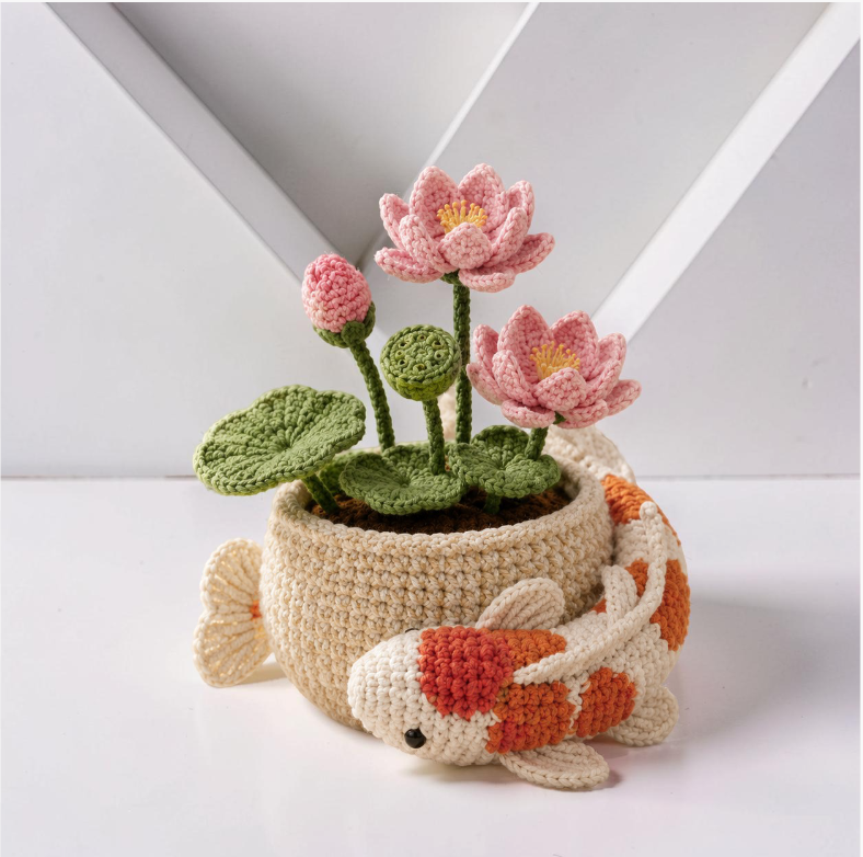 Handmade Crochet Koi Fish & Lotus Flower Pot – Feng Shui Desk Decor