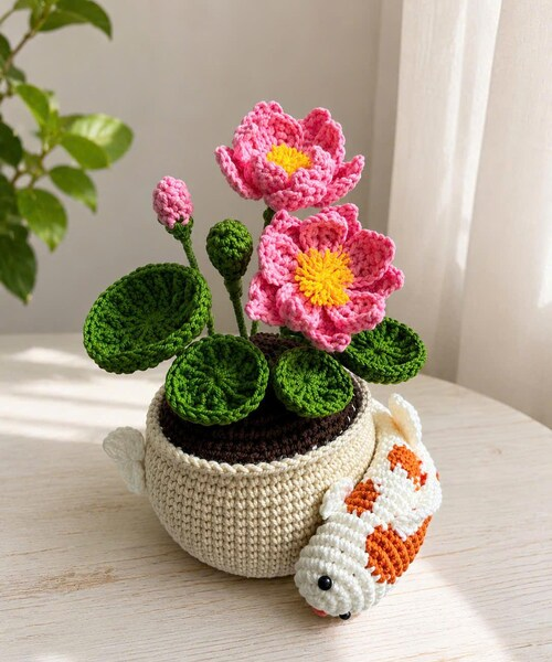Handmade Crochet Koi Fish & Lotus Flower Pot – Feng Shui Desk Decor