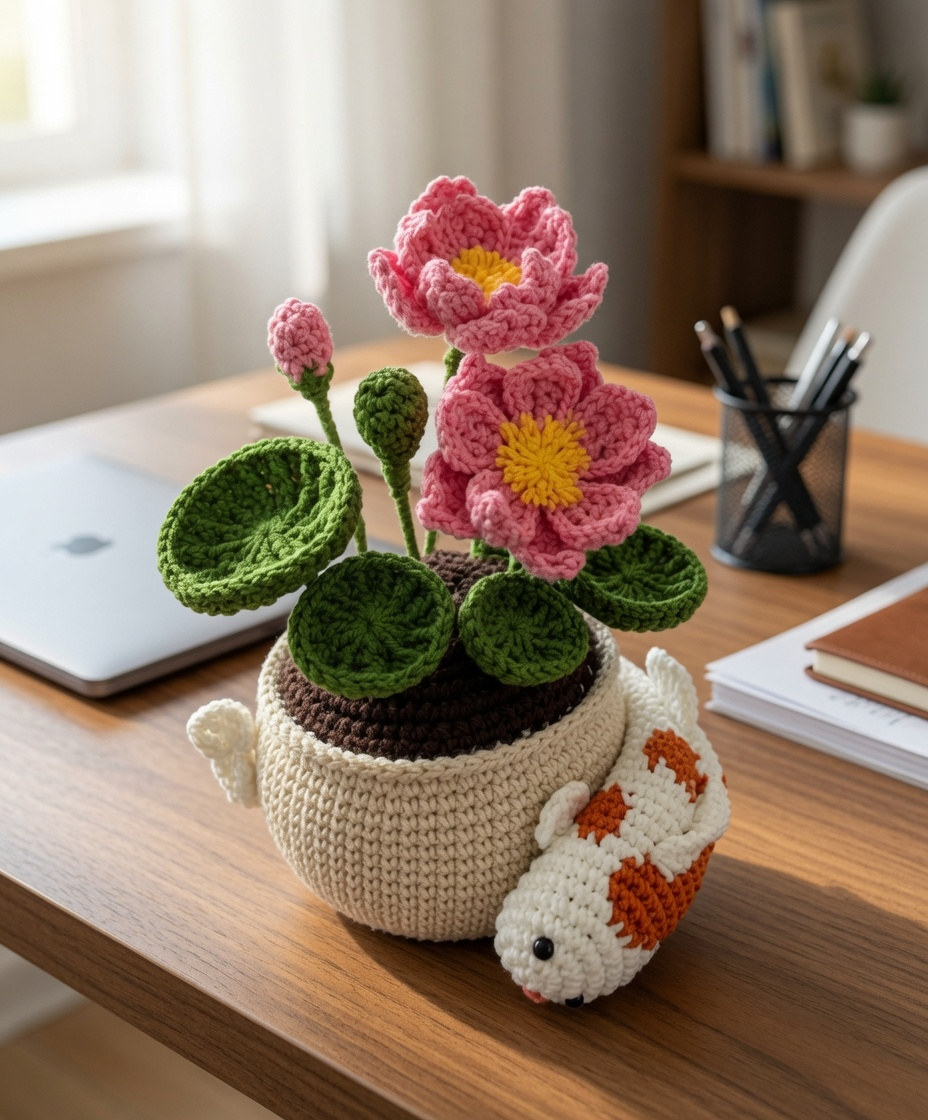 Handmade Crochet Koi Fish & Lotus Flower Pot – Feng Shui Desk Decor