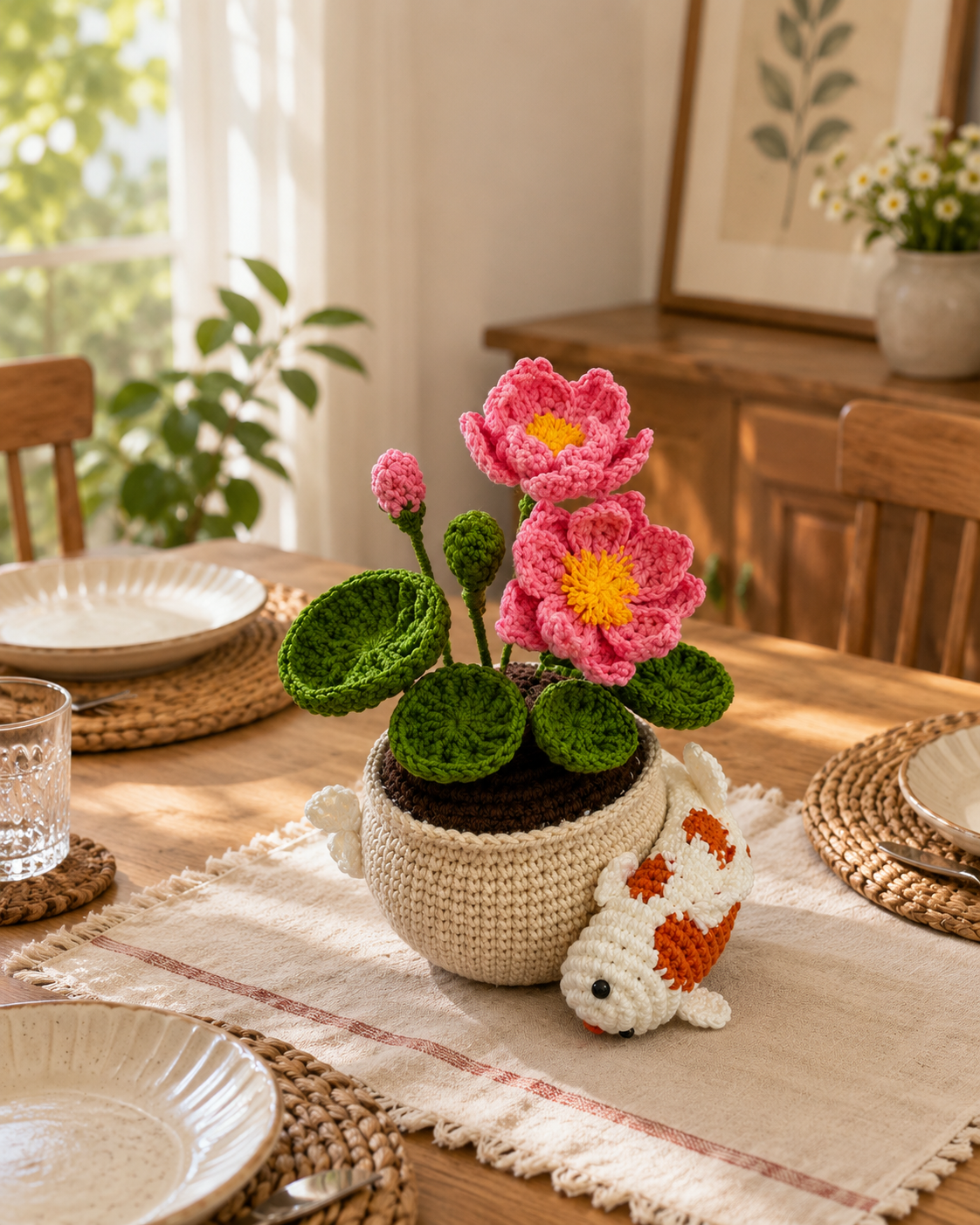 Handmade Crochet Koi Fish & Lotus Flower Pot – Feng Shui Desk Decor