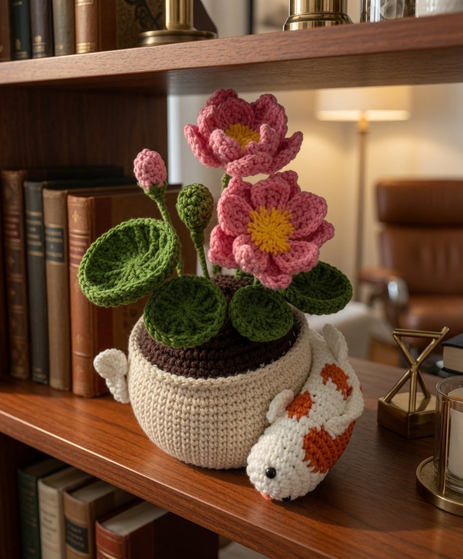 Handmade Crochet Koi Fish & Lotus Flower Pot – Feng Shui Desk Decor