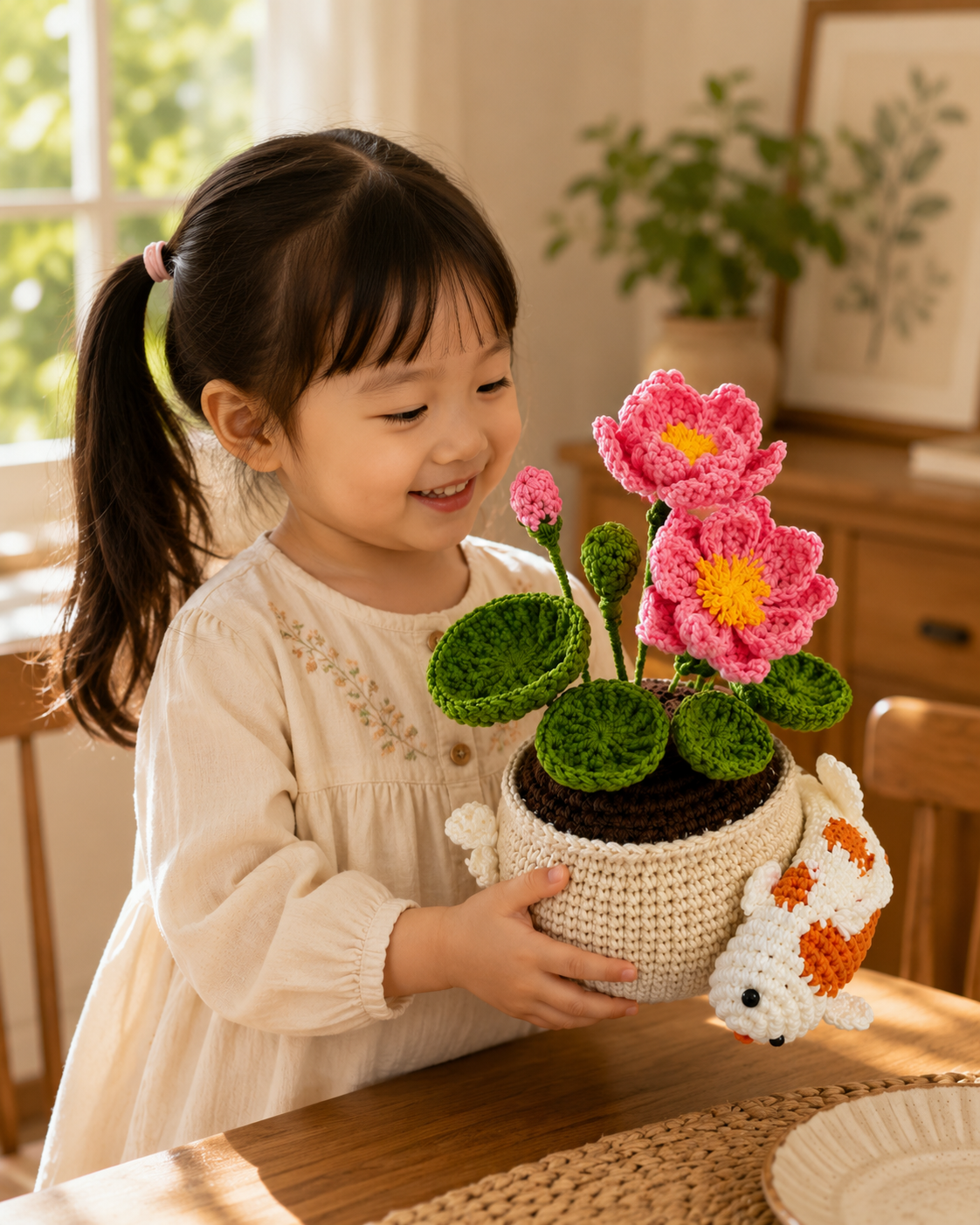 Handmade Crochet Koi Fish & Lotus Flower Pot – Feng Shui Desk Decor