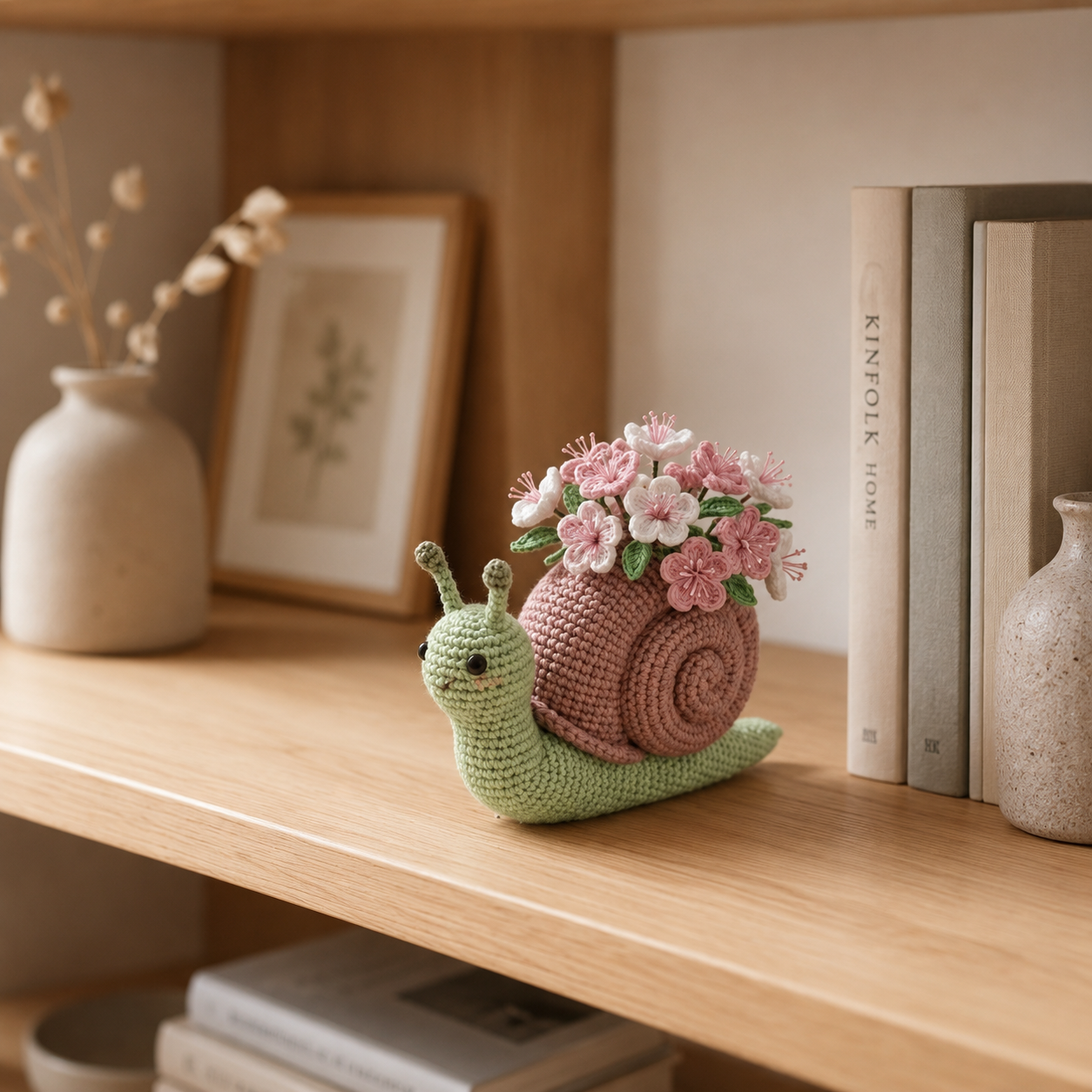 Handmade Crochet Snail Flower Pot – Cherry Blossom Desk Decor