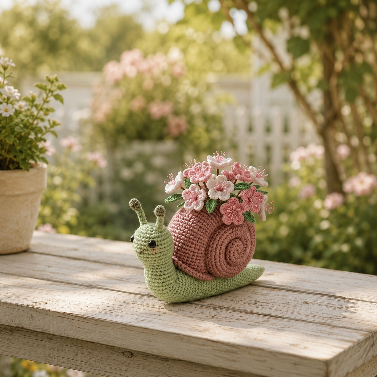 Handmade Crochet Snail Flower Pot – Cherry Blossom Desk Decor