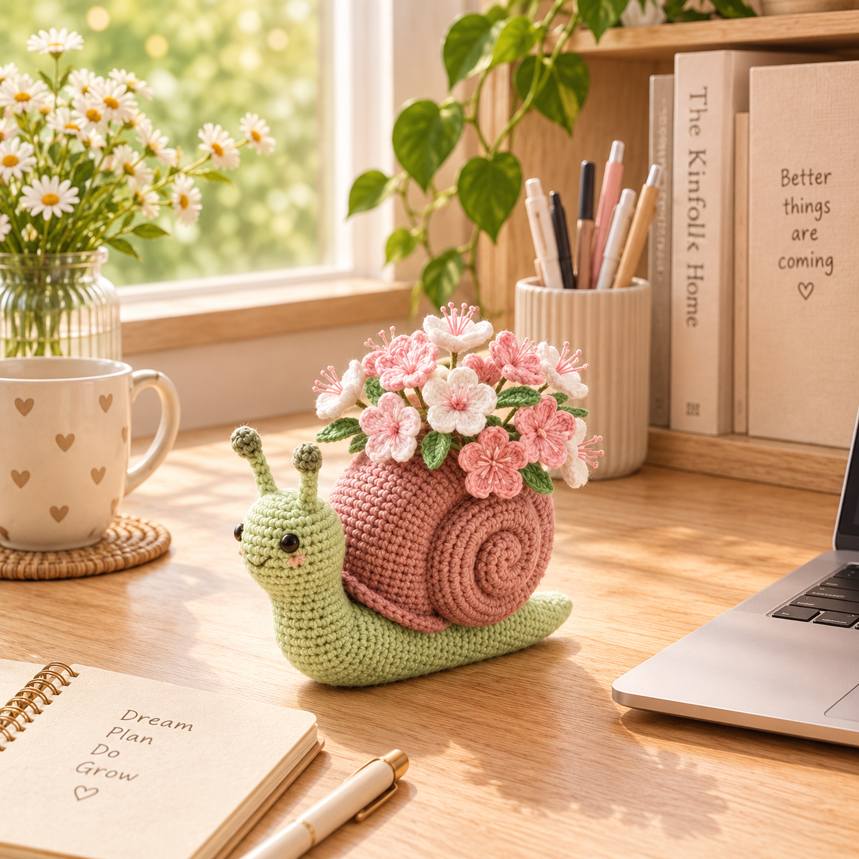 Handmade Crochet Snail Flower Pot – Cherry Blossom Desk Decor