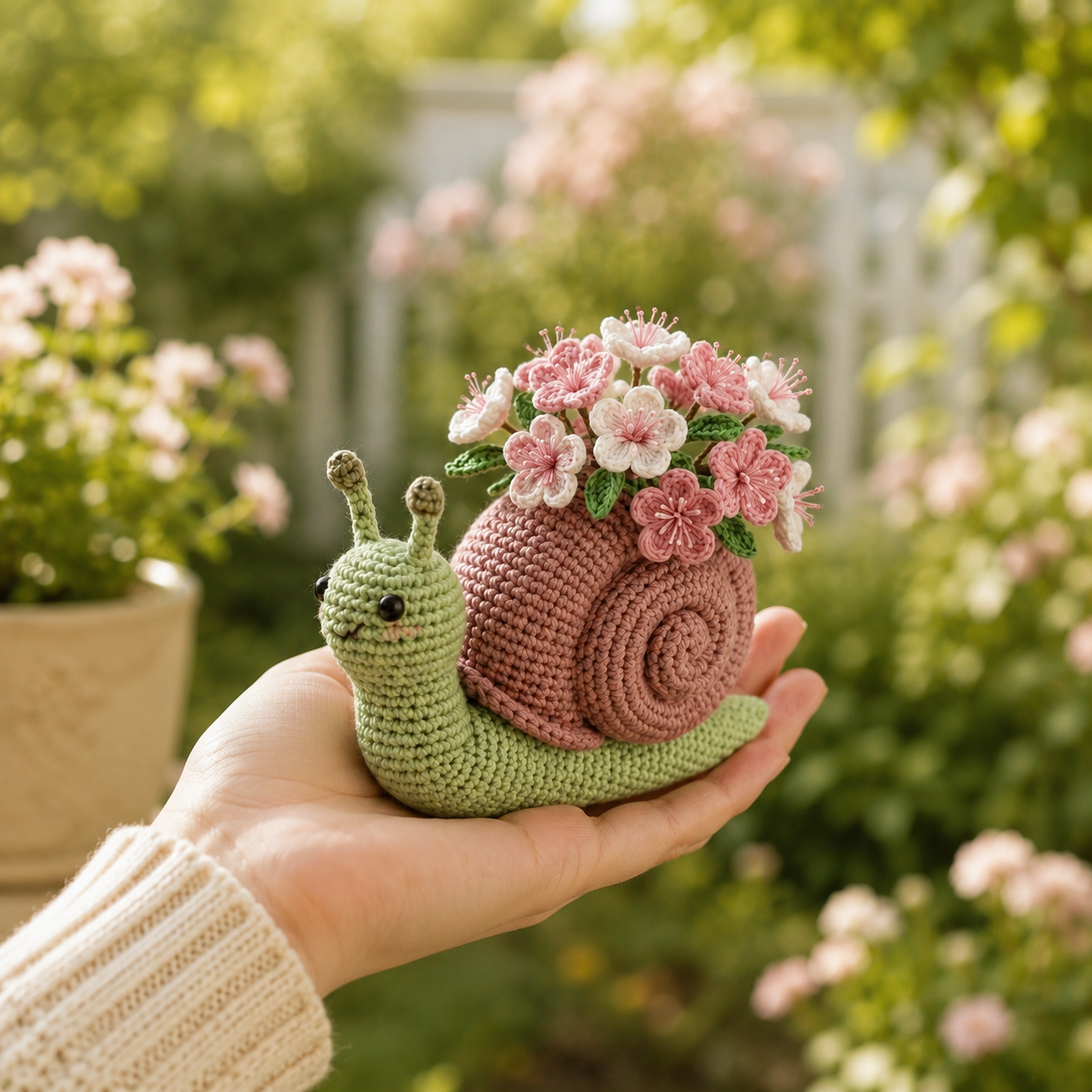 Handmade Crochet Snail Flower Pot – Cherry Blossom Desk Decor