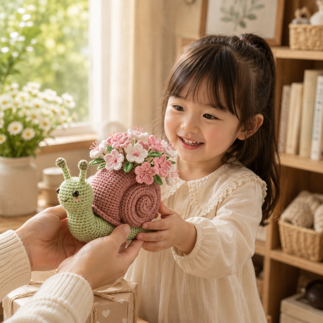 Handmade Crochet Snail Flower Pot – Cherry Blossom Desk Decor