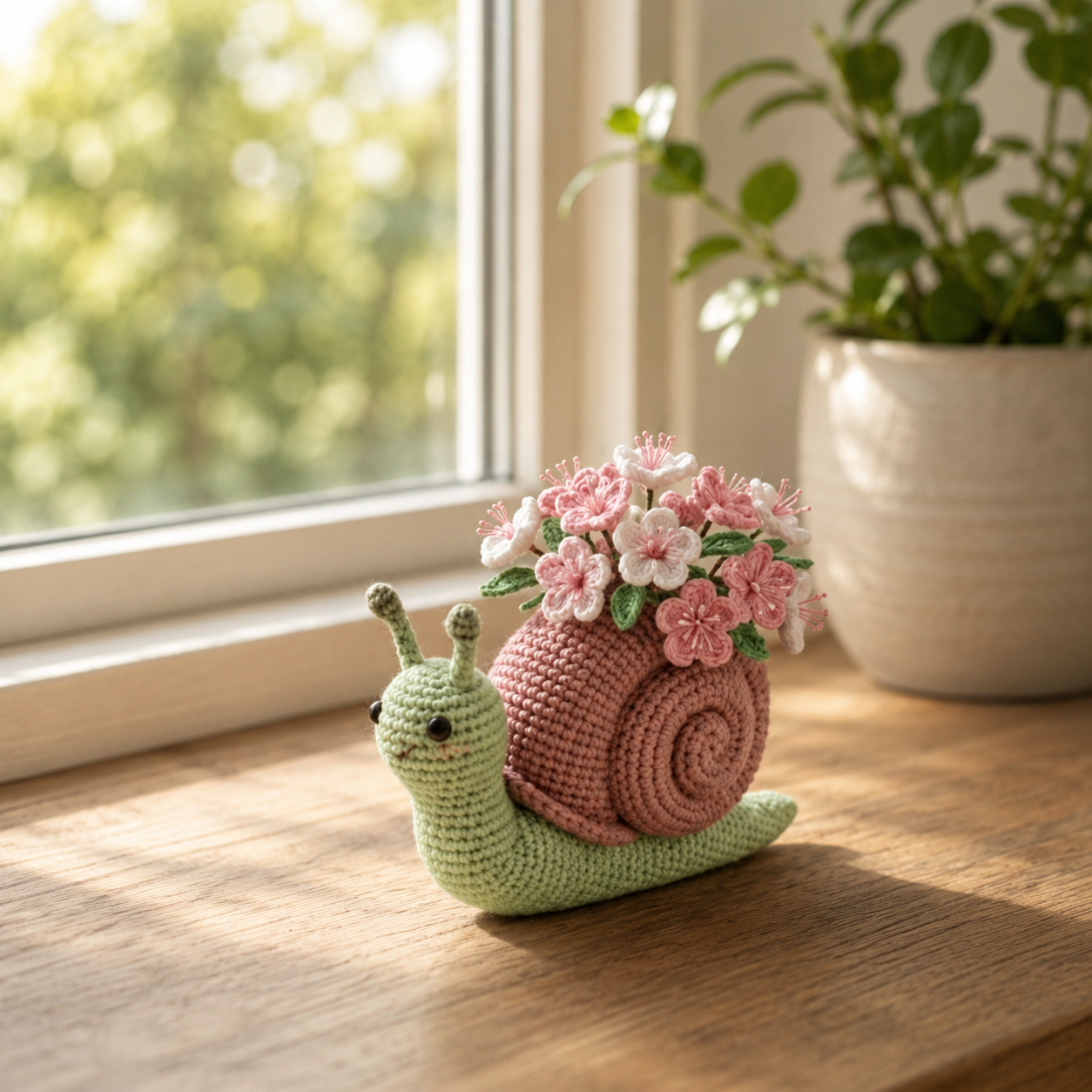 Handmade Crochet Snail Flower Pot – Cherry Blossom Desk Decor