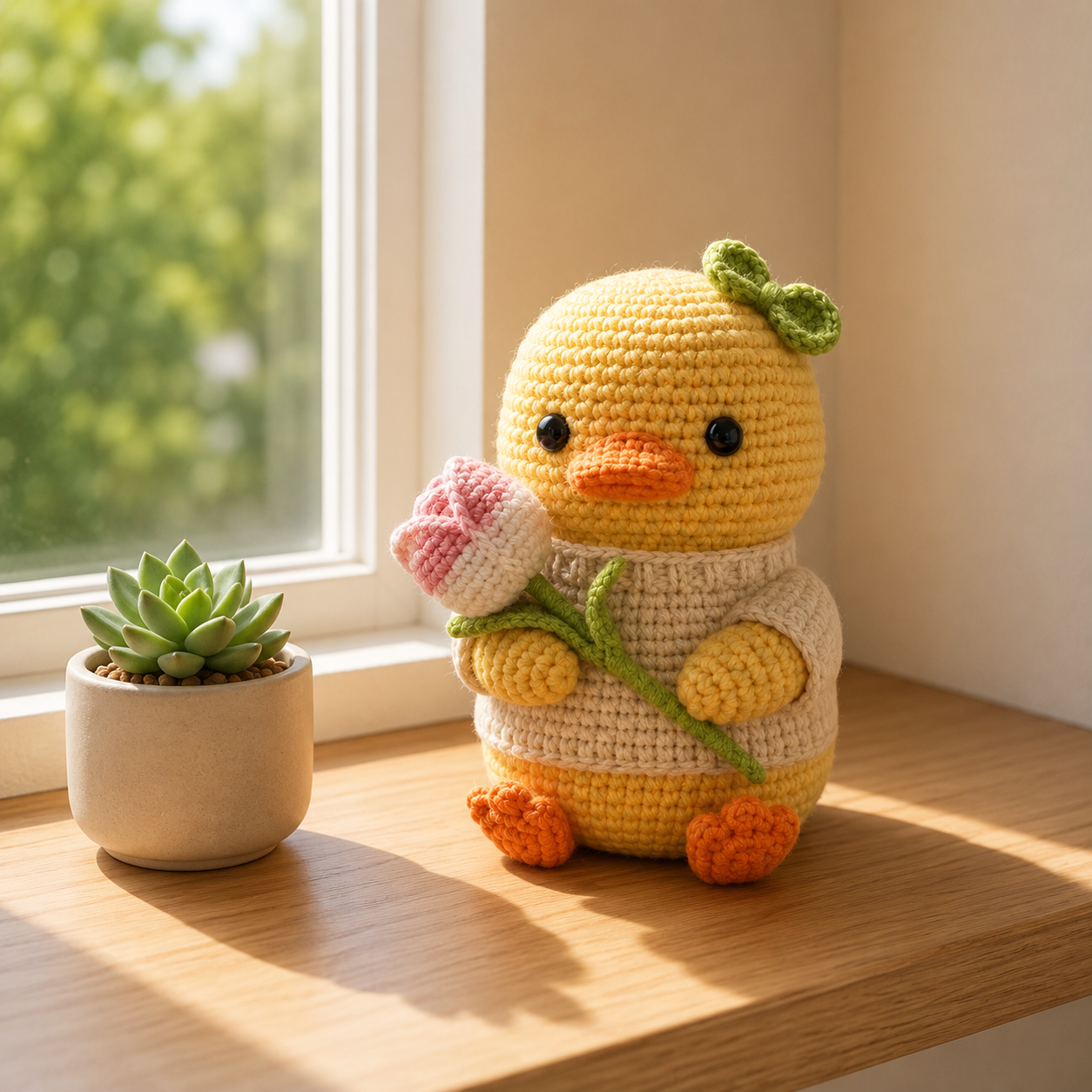 Handmade Crochet Duck with Tulip Flower – Cute Amigurumi Desk Decor