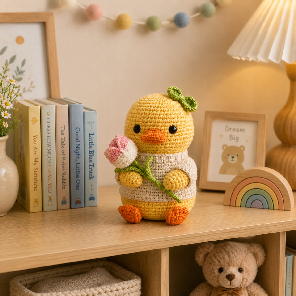 Handmade Crochet Duck with Tulip Flower – Cute Amigurumi Desk Decor