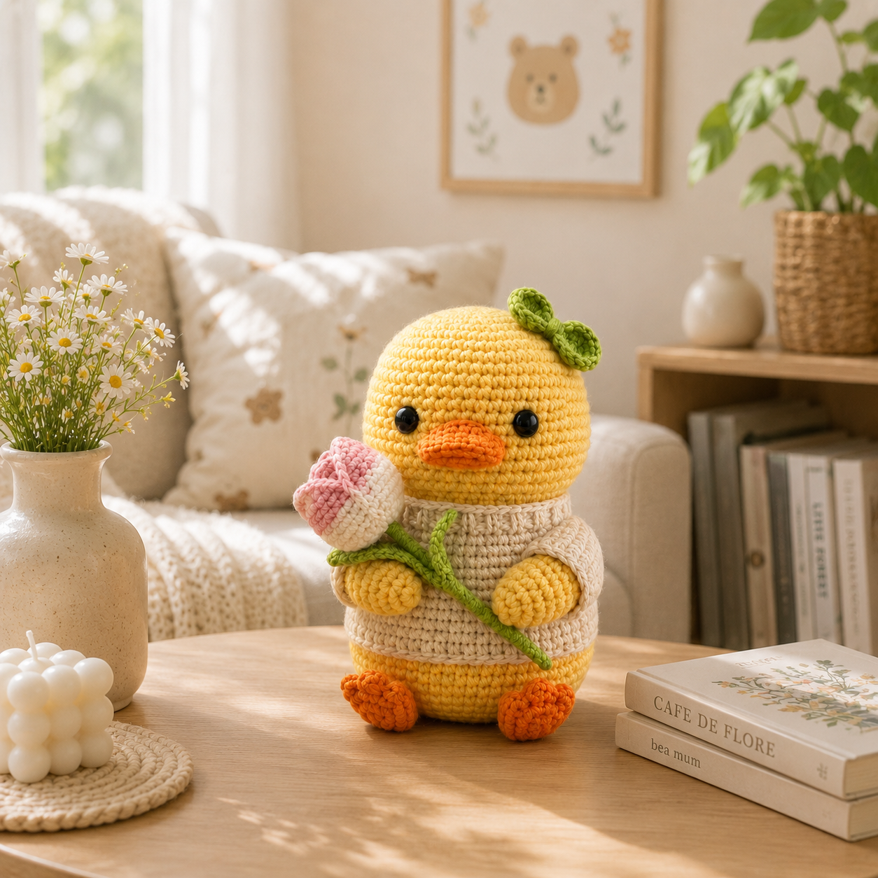 Handmade Crochet Duck with Tulip Flower – Cute Amigurumi Desk Decor
