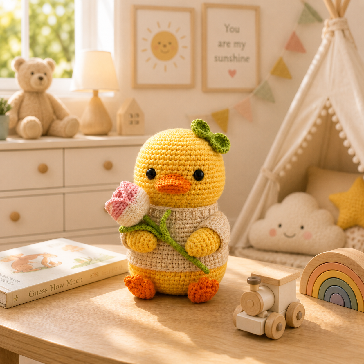 Handmade Crochet Duck with Tulip Flower – Cute Amigurumi Desk Decor