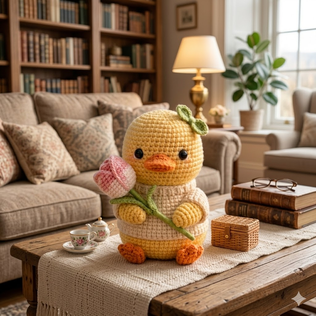 Handmade Crochet Duck with Tulip Flower – Cute Amigurumi Desk Decor